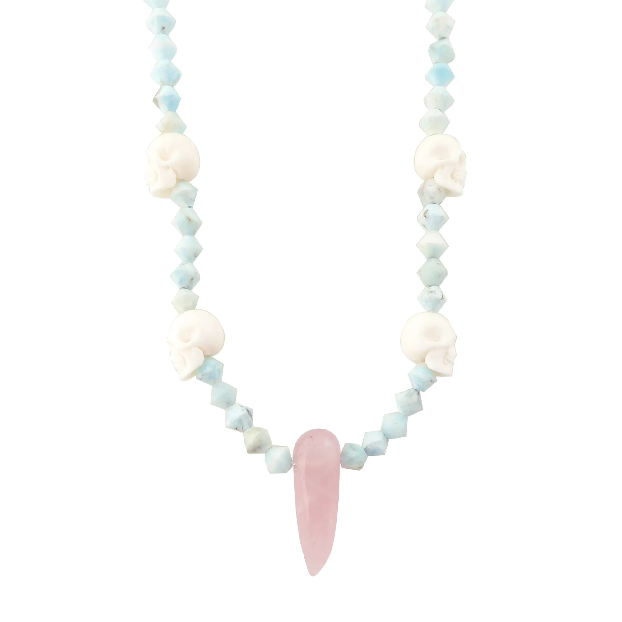 Rose quartz and carved skull necklace