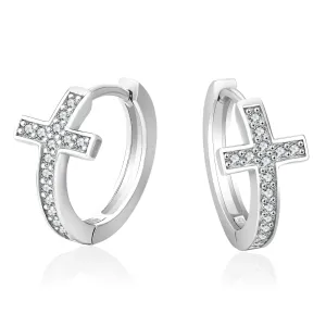 S925 Silver Iced Diamond Cross Hoop Earrings in White Gold - 15mm