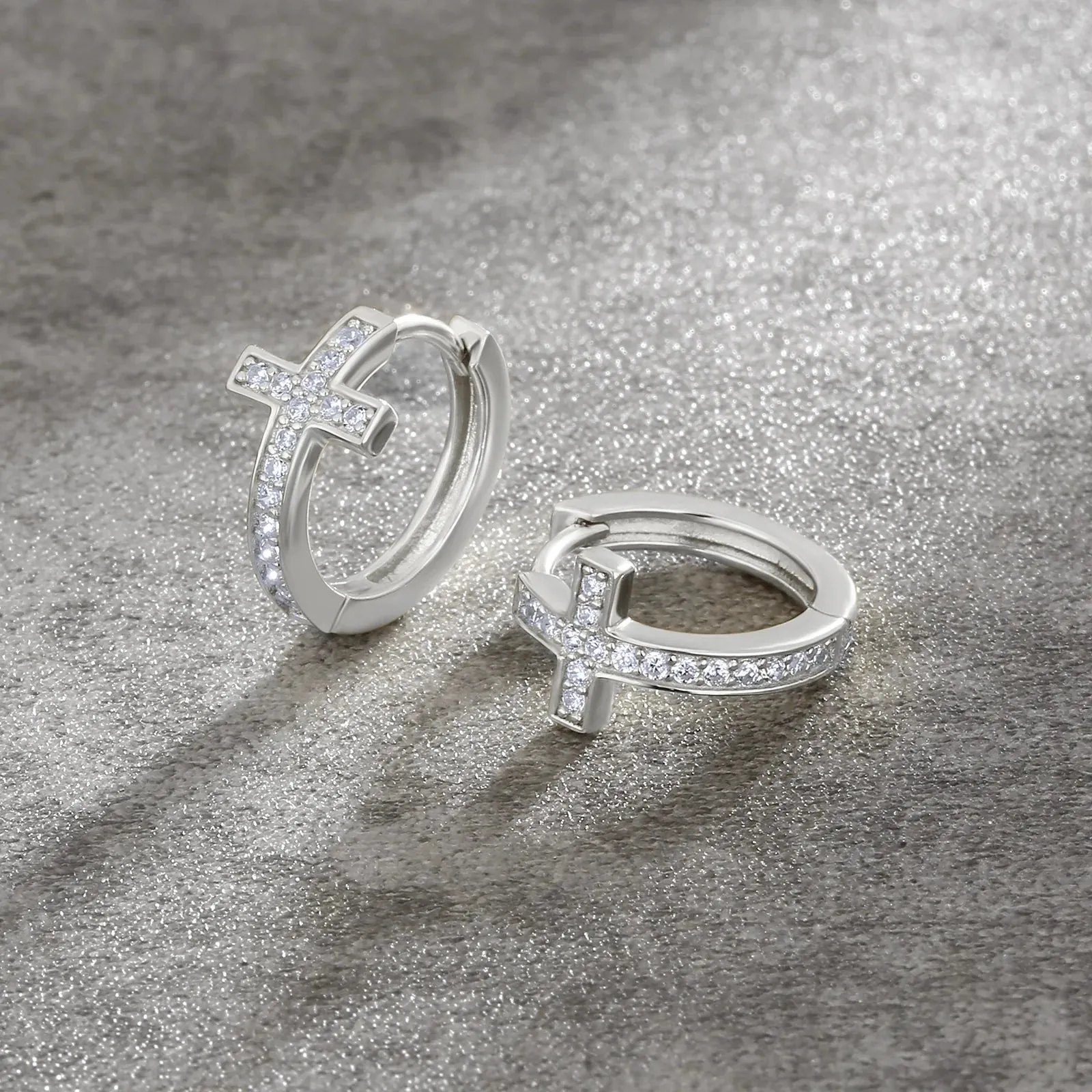 S925 Silver Iced Diamond Cross Hoop Earrings in White Gold - 15mm