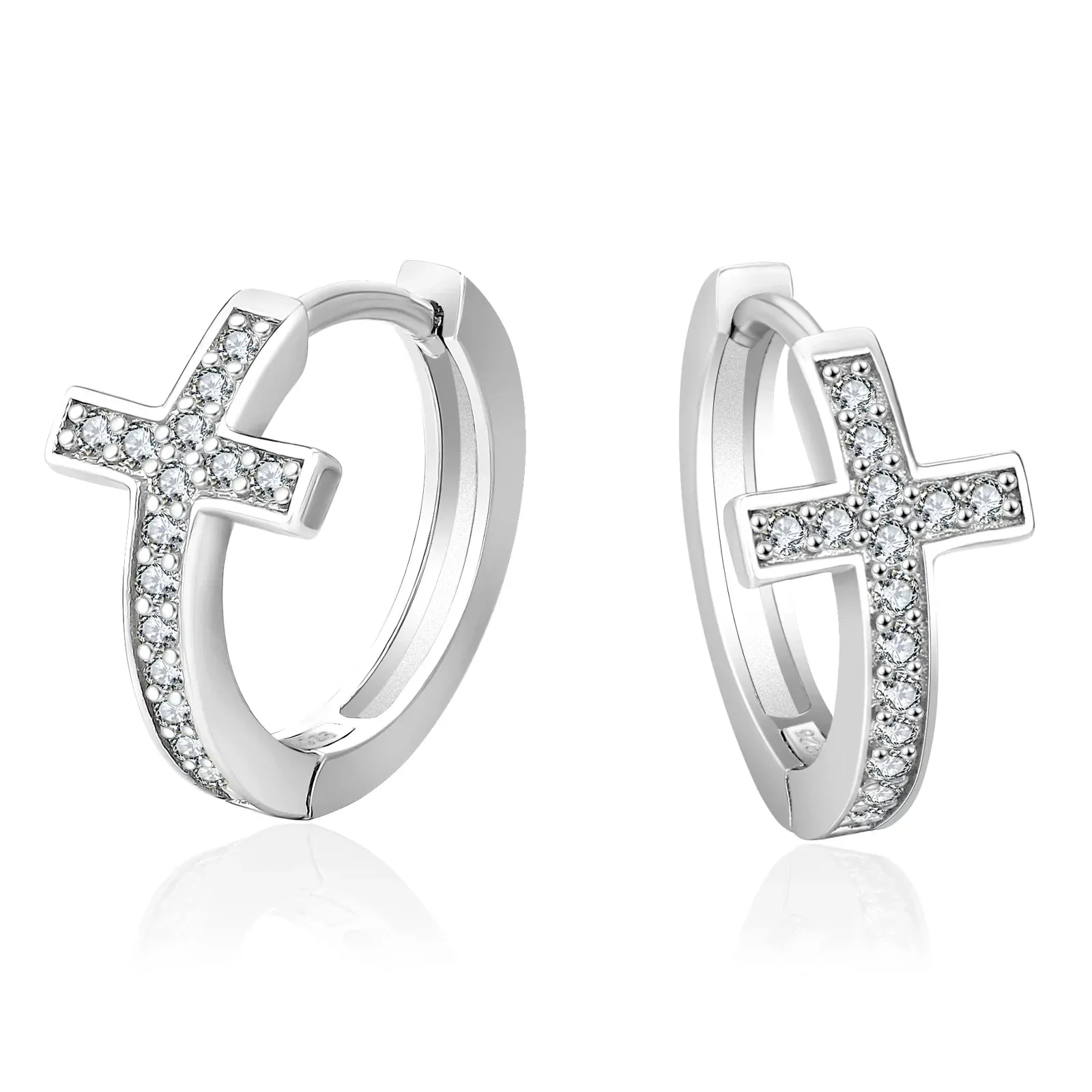 S925 Silver Iced Diamond Cross Hoop Earrings in White Gold - 15mm