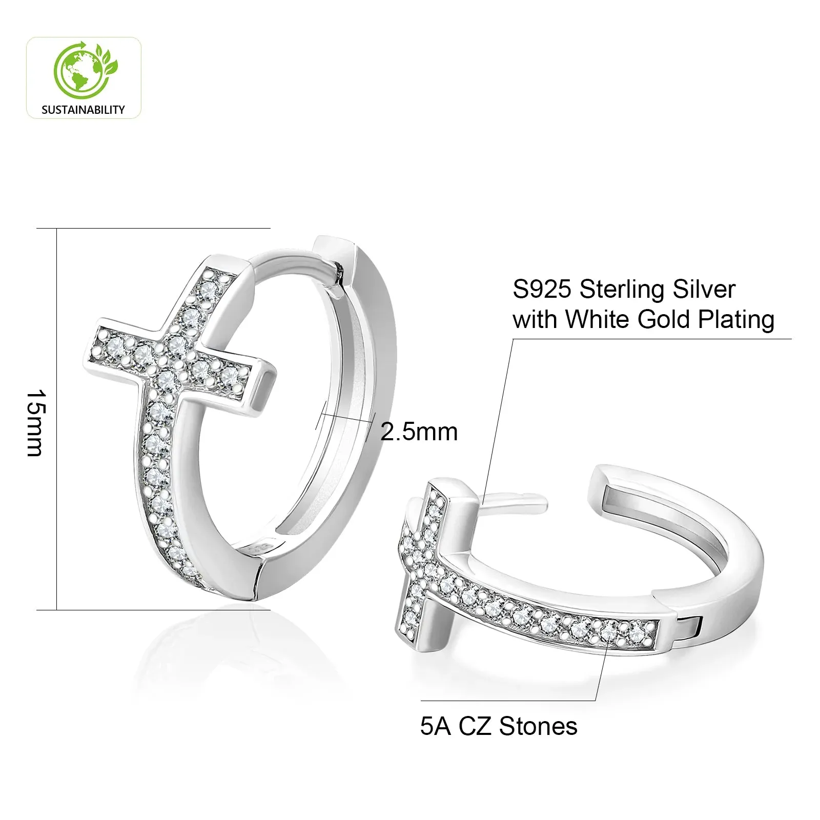 S925 Silver Iced Diamond Cross Hoop Earrings in White Gold - 15mm