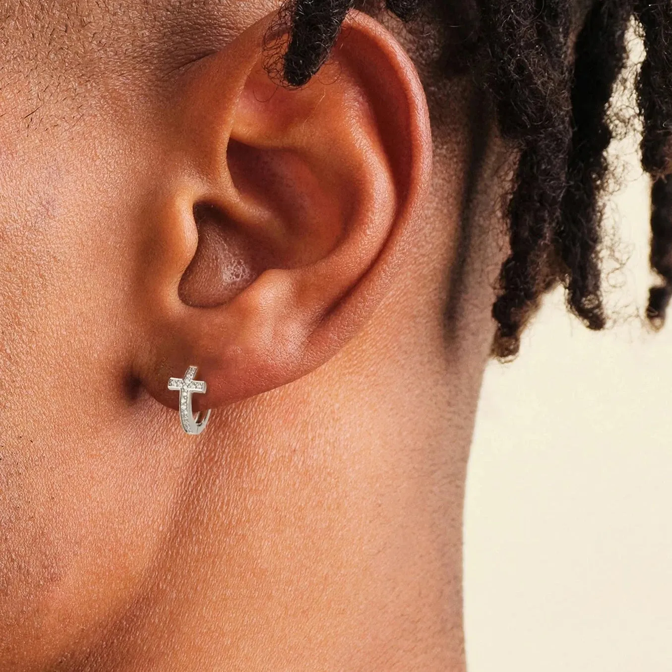 S925 Silver Iced Diamond Cross Hoop Earrings in White Gold - 15mm