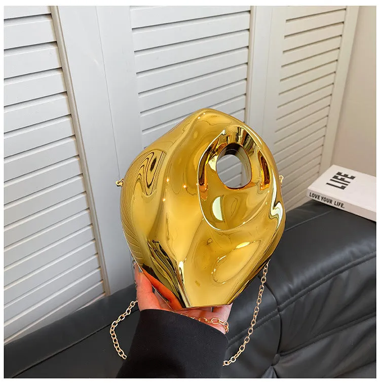 Sculptural Metallic Handbag with Abstract Modern Design for High-Fashion Elegance