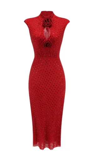 Sharrie Flower Rhinestone Embellished Fishnet Midi Dress