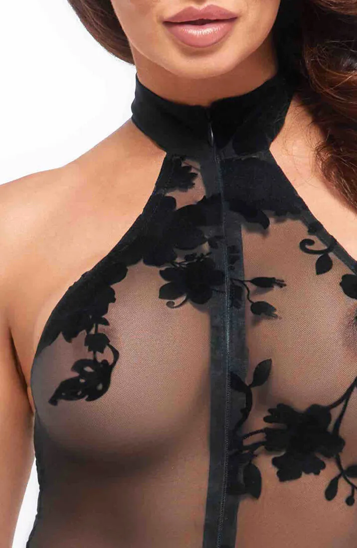 Sheer black mesh halter neck catsuit - Sense Gratification