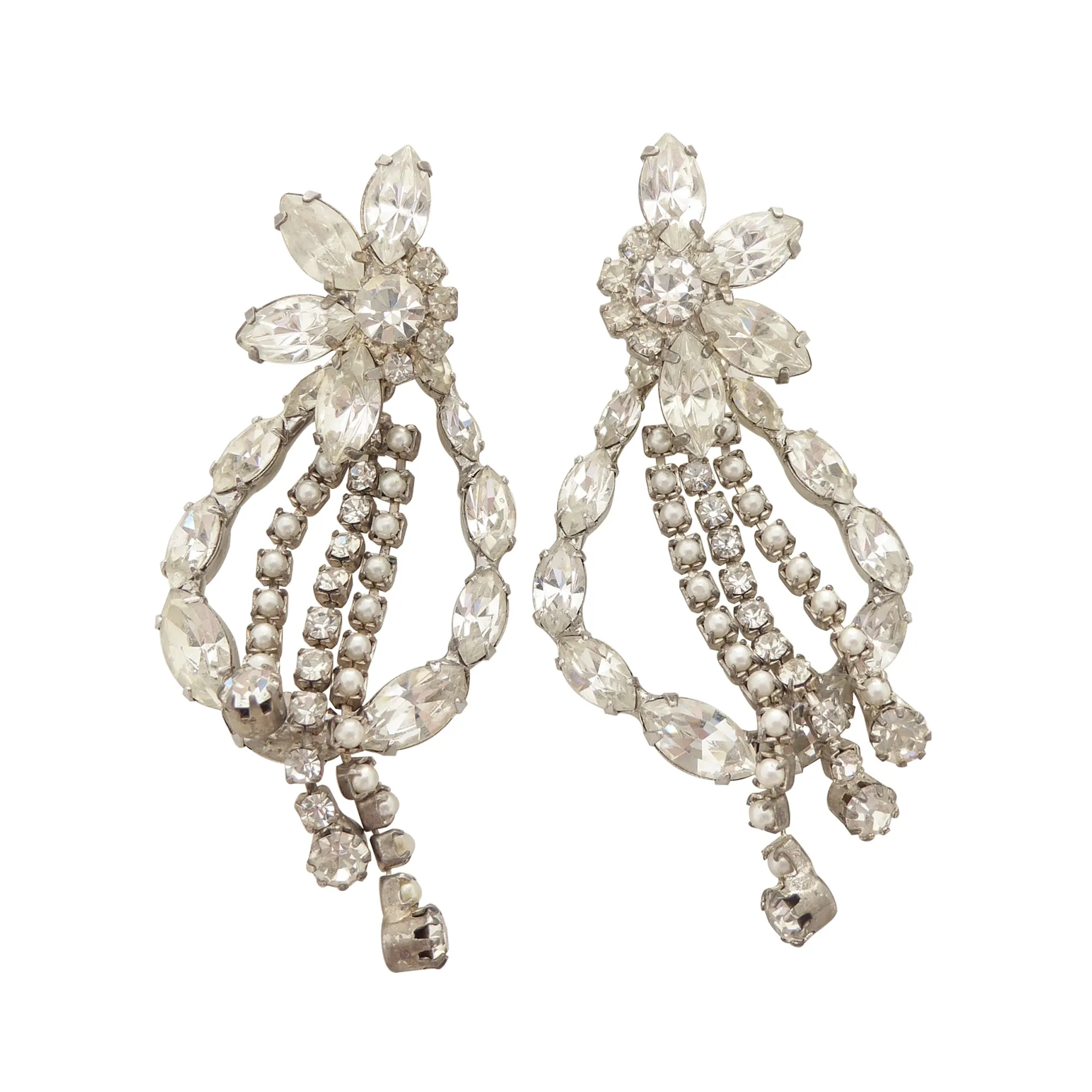 Silver rhinestone flower drop earrings