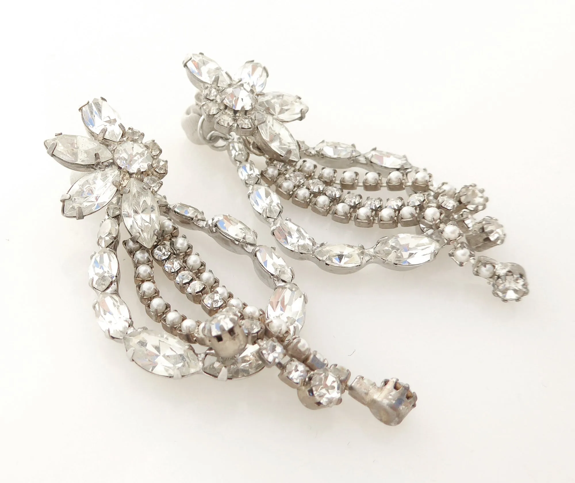Silver rhinestone flower drop earrings