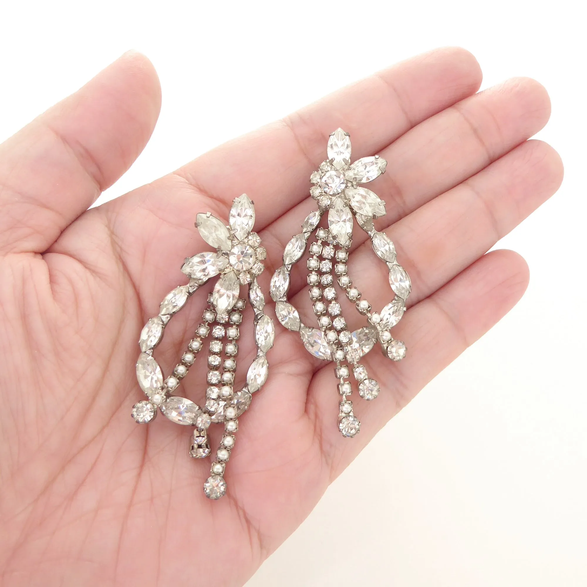 Silver rhinestone flower drop earrings