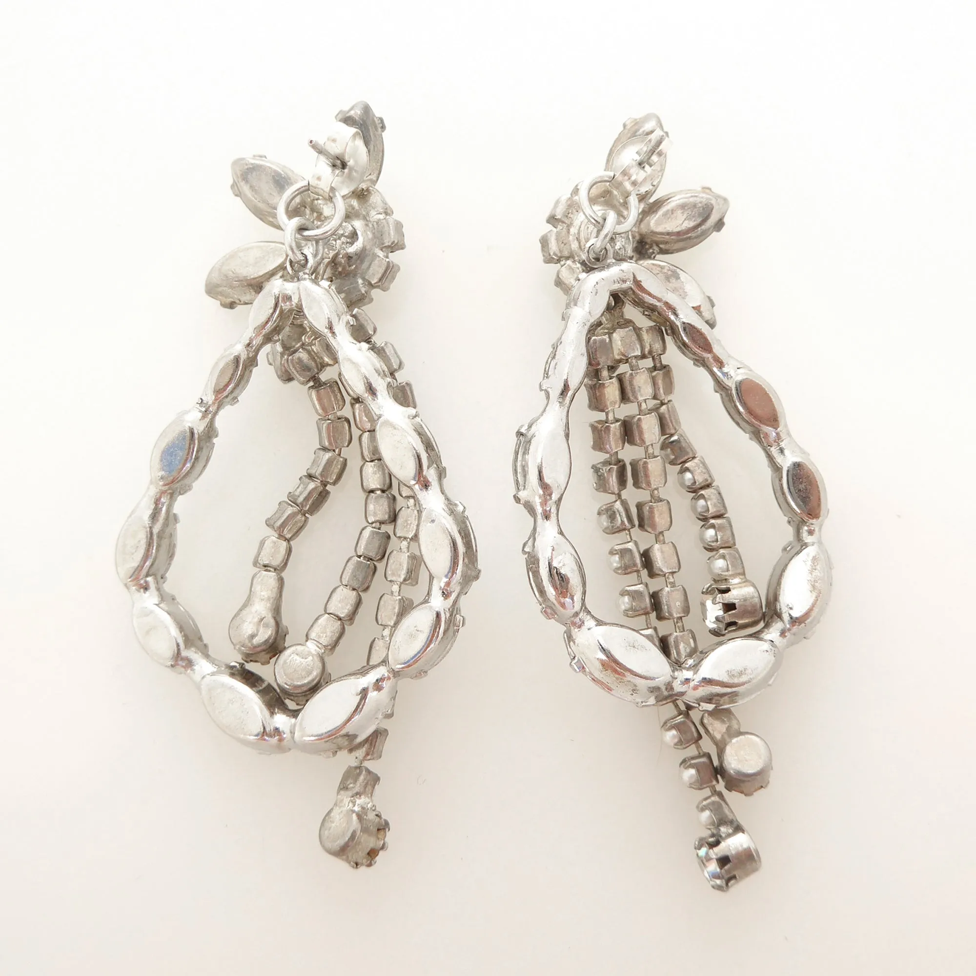 Silver rhinestone flower drop earrings