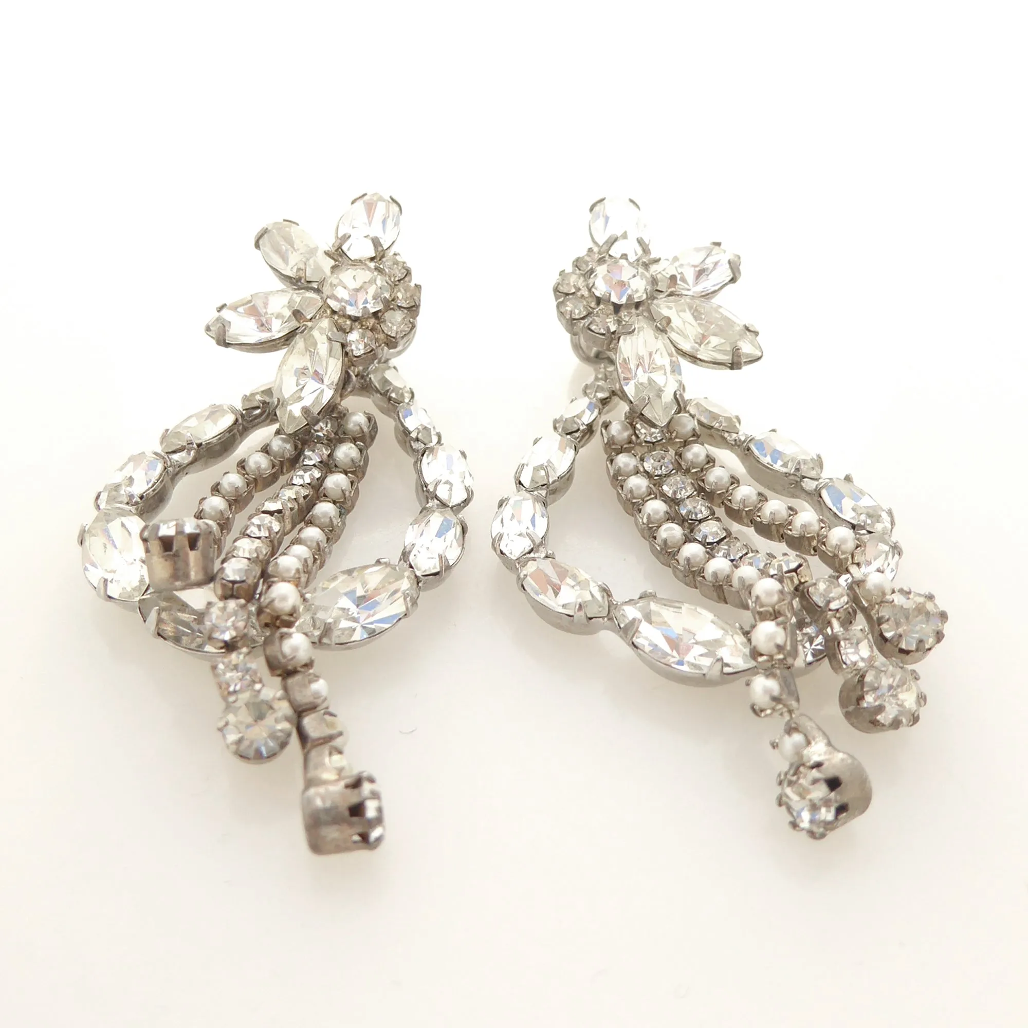 Silver rhinestone flower drop earrings