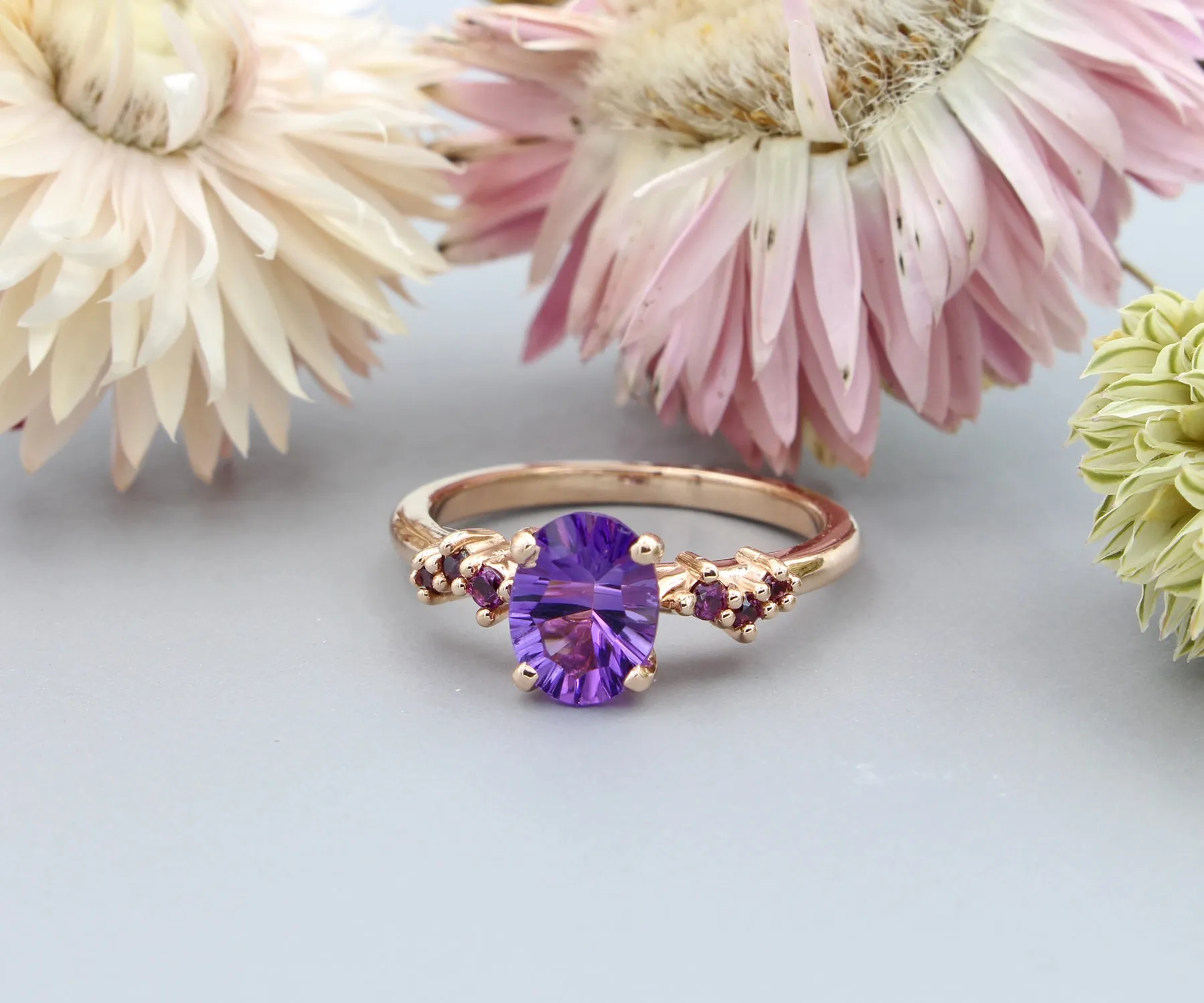 Simple Offset Amethyst Garnet Rose Gold Ring