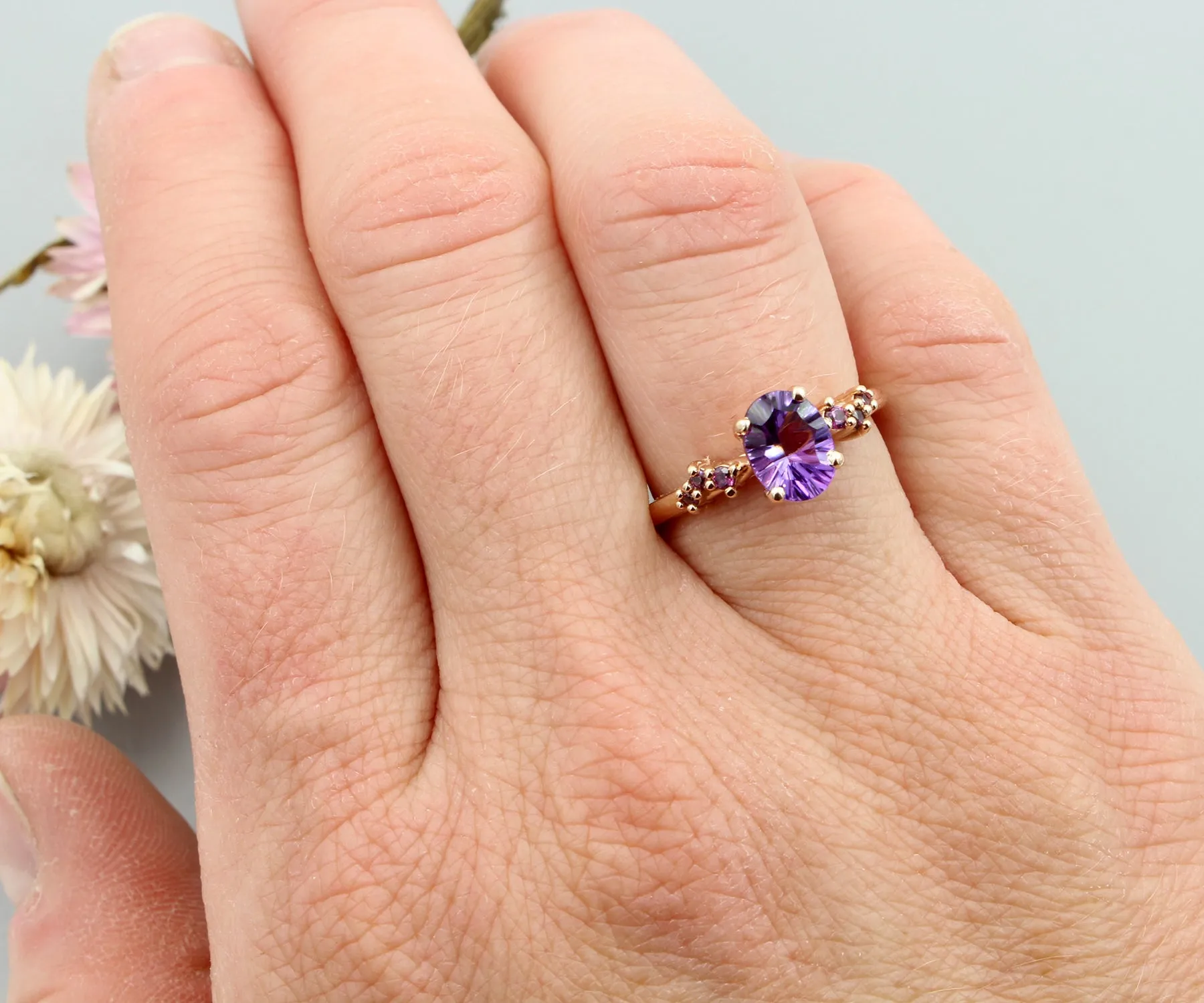 Simple Offset Amethyst Garnet Rose Gold Ring