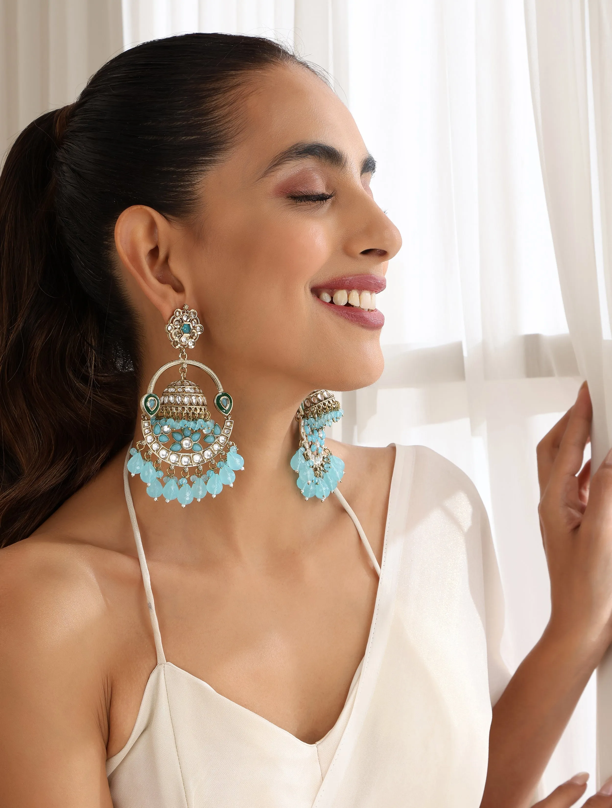 Sky Blue Color Round Kundan Jhumka Earrings