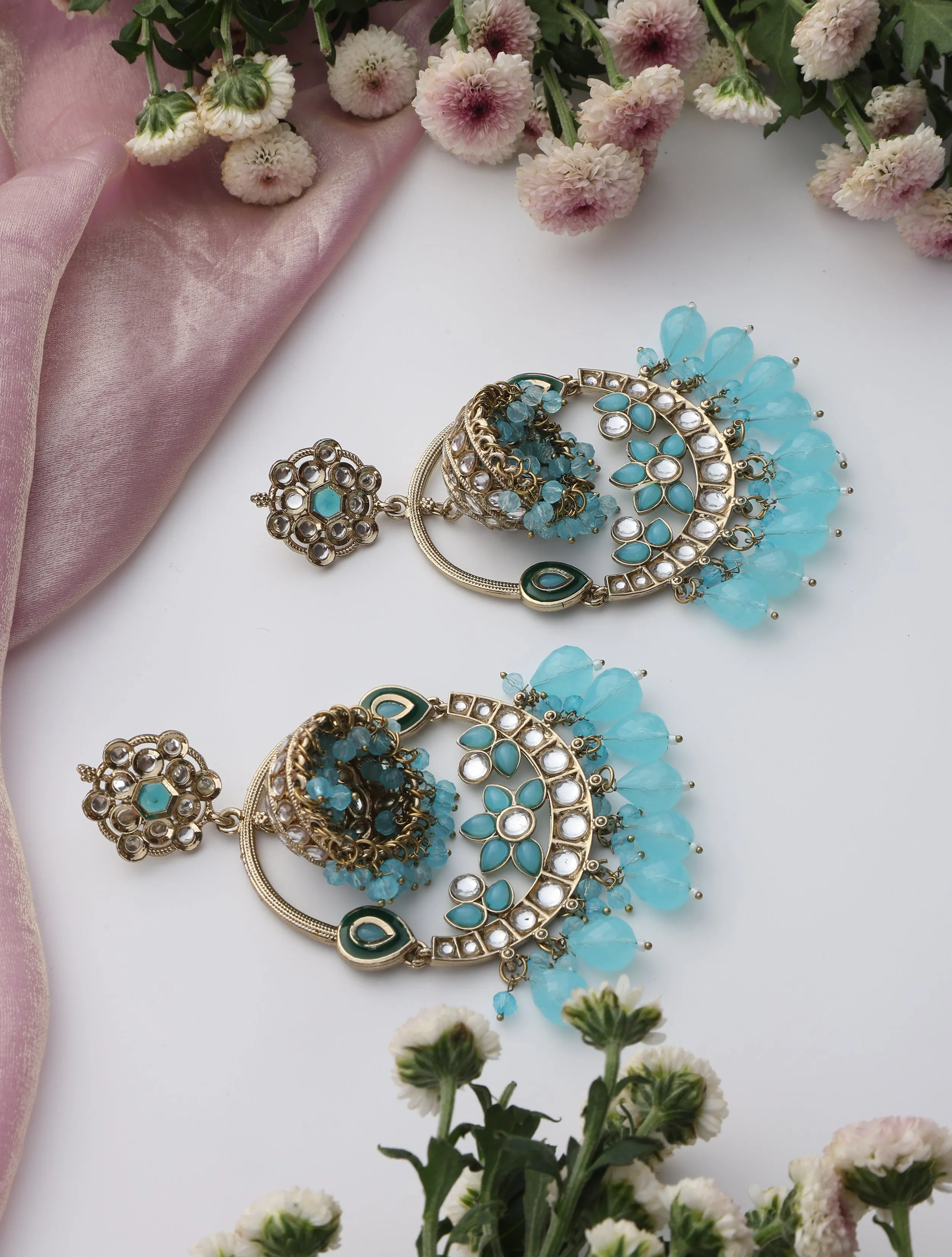Sky Blue Color Round Kundan Jhumka Earrings