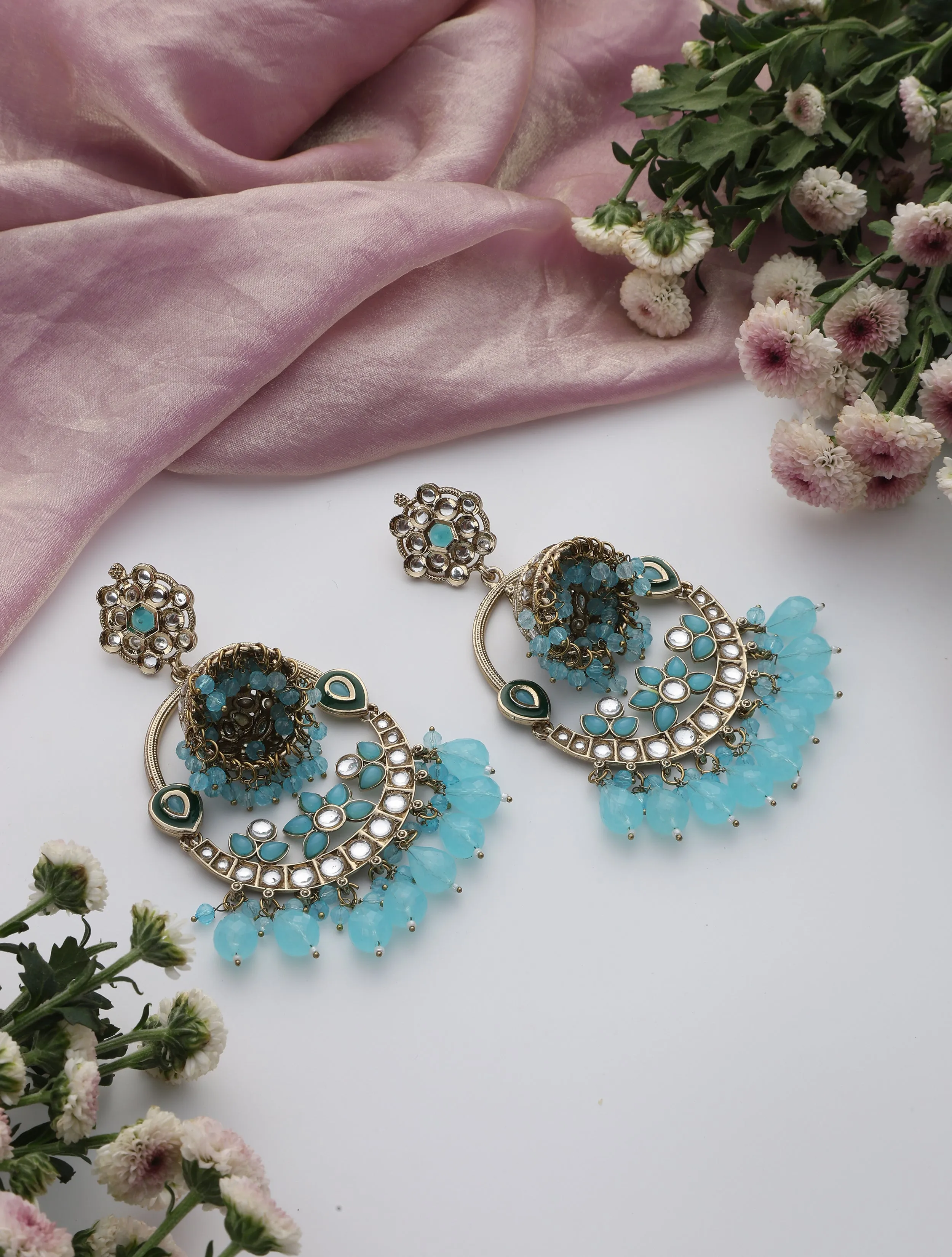 Sky Blue Color Round Kundan Jhumka Earrings