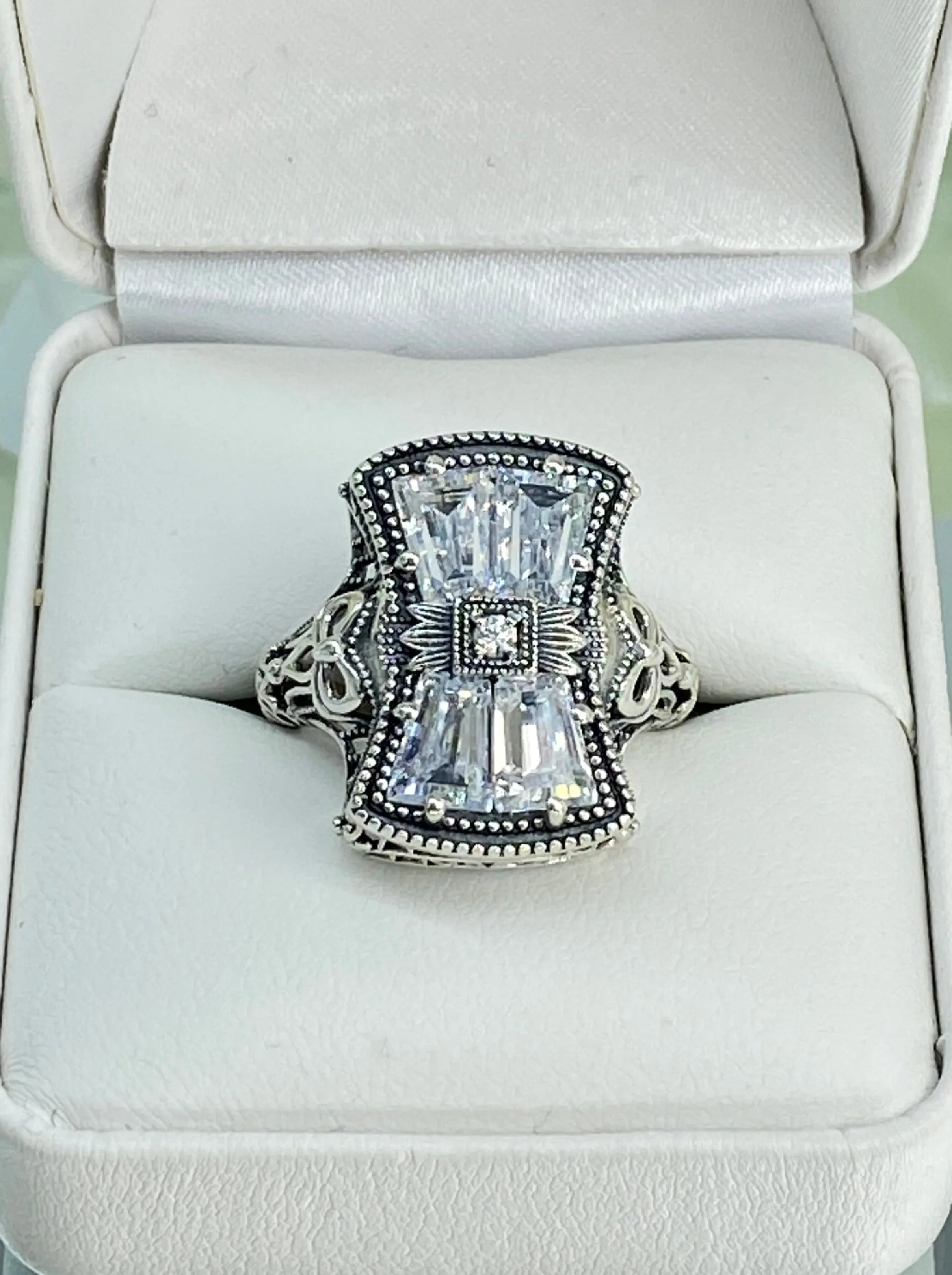 Sparkling White CZ Ring, Size 11, Versailles Sterling Silver Bow, Baguette CZ & Moissanite inset Ring, Baroque Jewelry D595 - Ready to Ship