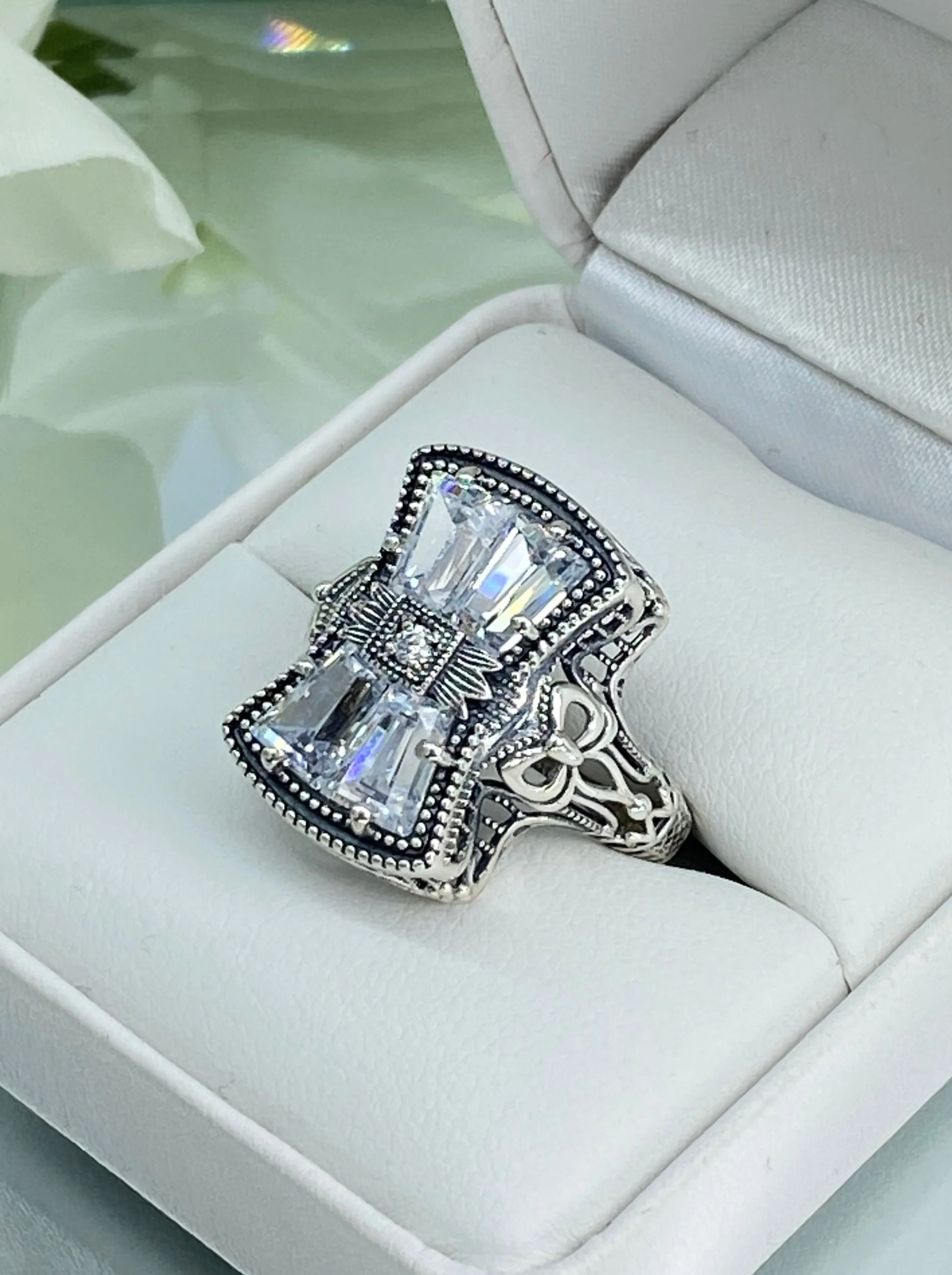 Sparkling White CZ Ring, Size 6, Versailles Sterling Silver Bow, Baguette CZ & Moissanite inset Ring, Baroque Jewelry D595 - Ready to Ship