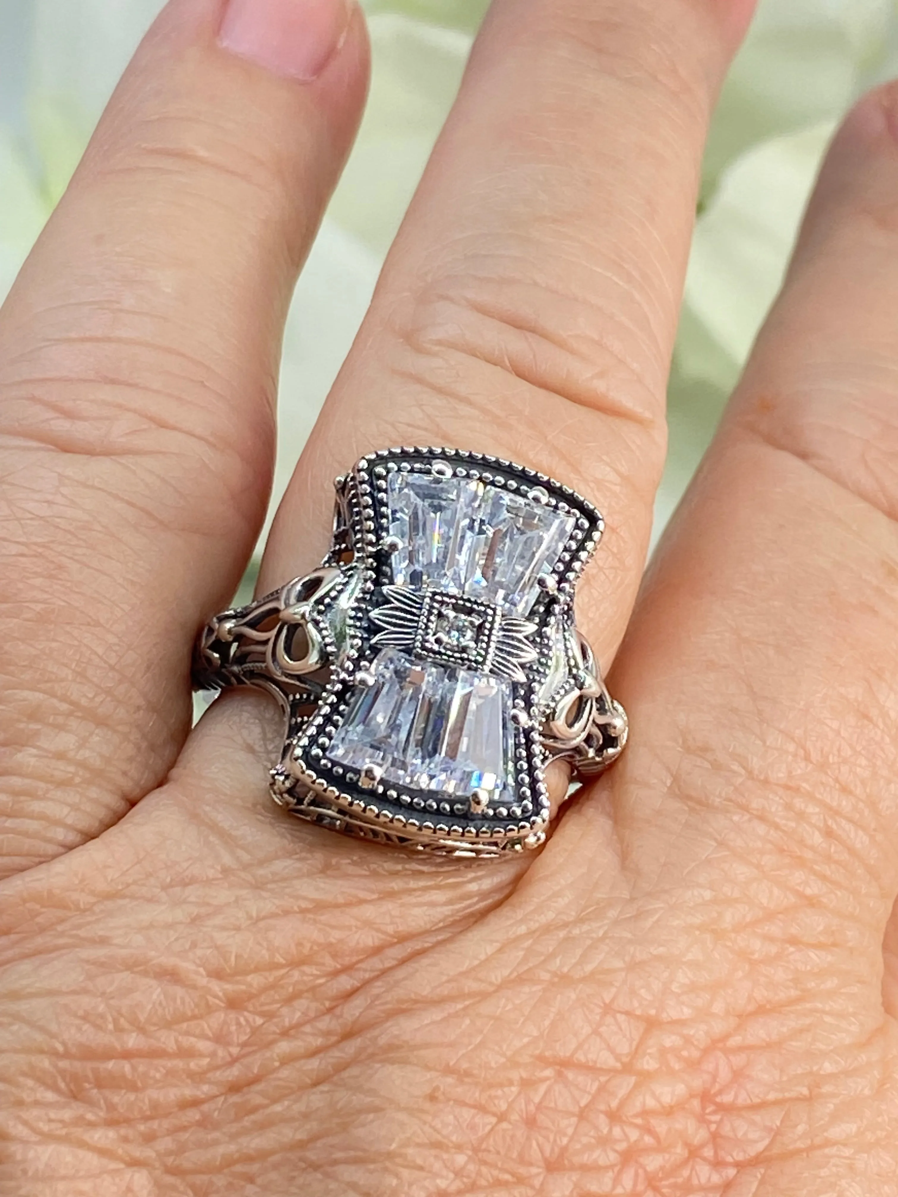 Sparkling White CZ Ring, Size 6, Versailles Sterling Silver Bow, Baguette CZ & Moissanite inset Ring, Baroque Jewelry D595 - Ready to Ship