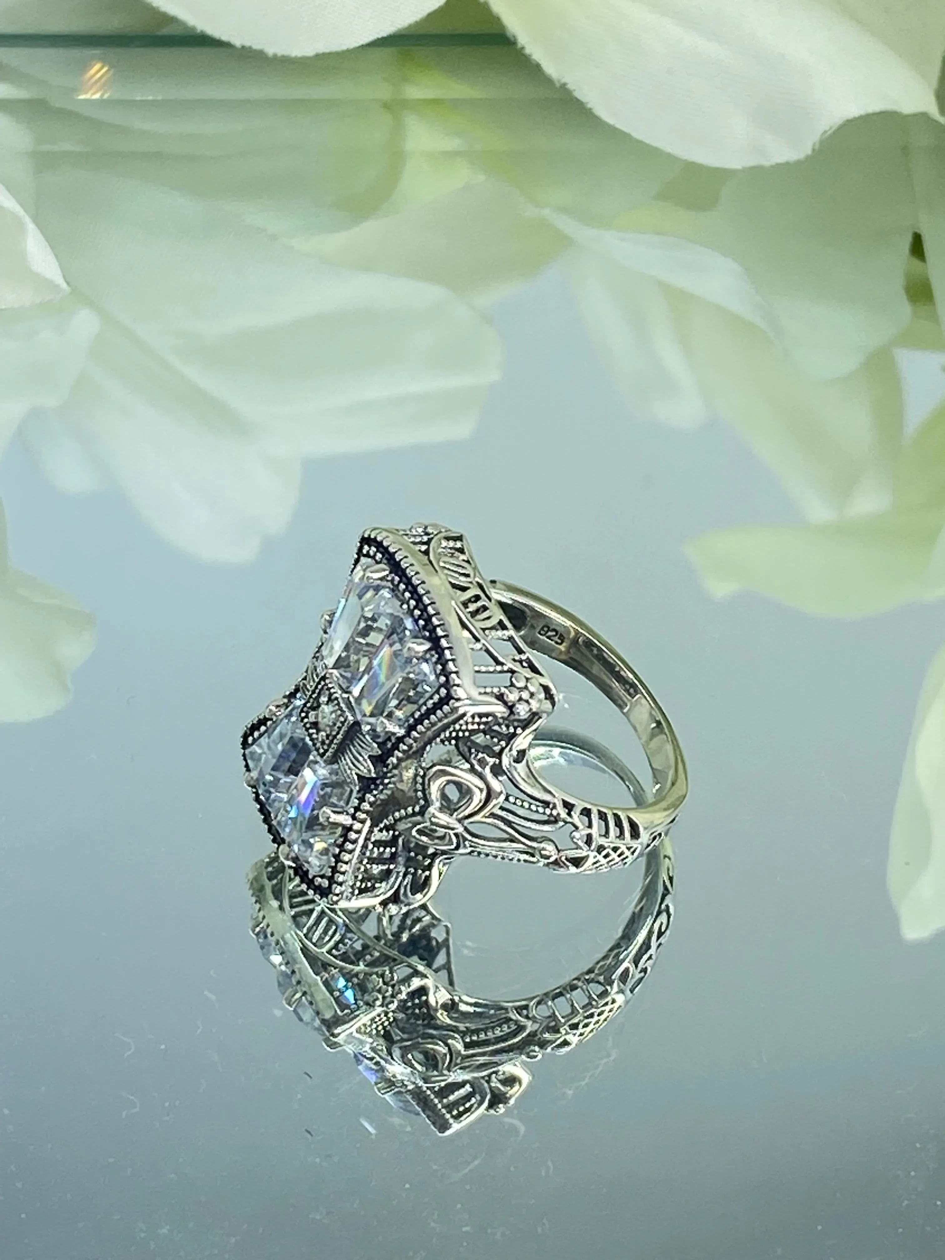 Sparkling White CZ Ring, Size 6, Versailles Sterling Silver Bow, Baguette CZ & Moissanite inset Ring, Baroque Jewelry D595 - Ready to Ship