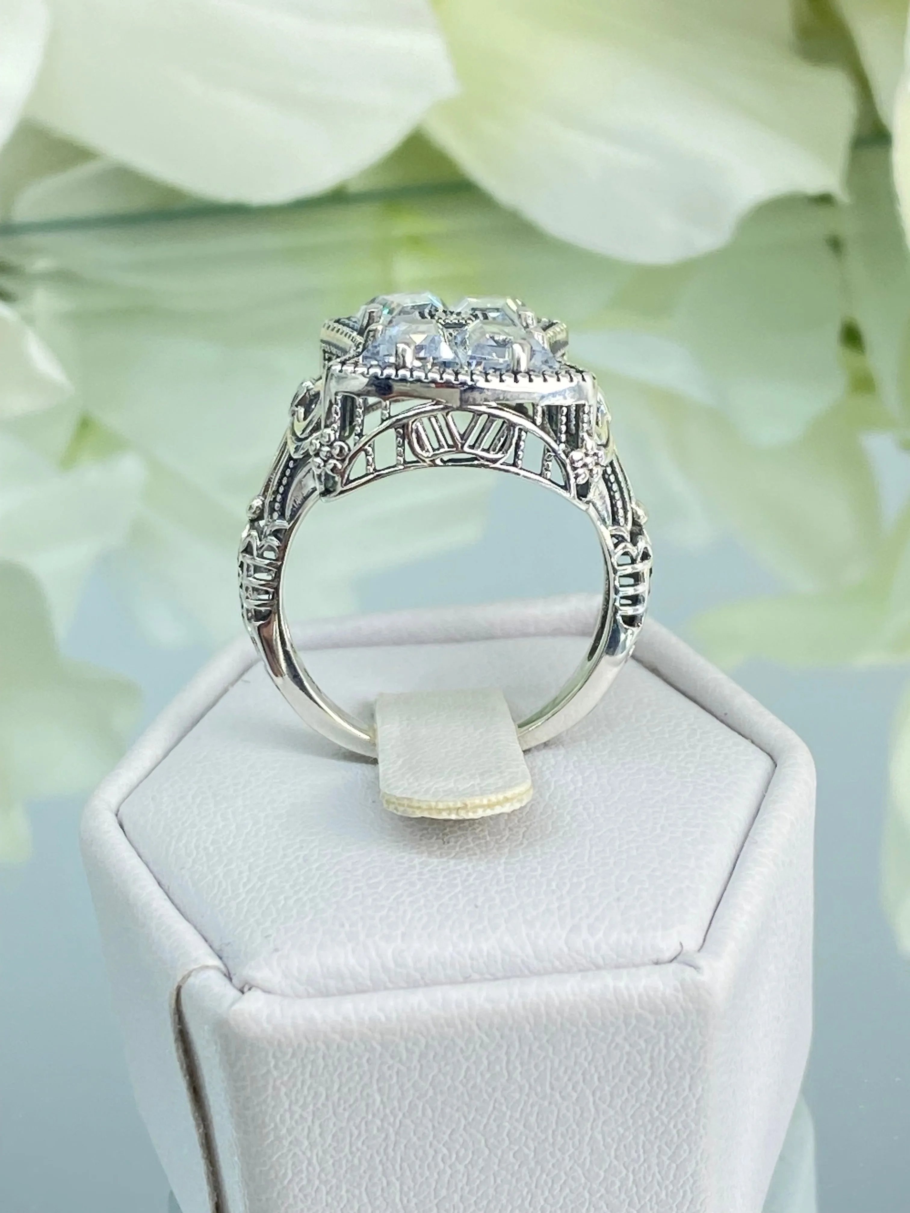 Sparkling White CZ Ring, Size 6, Versailles Sterling Silver Bow, Baguette CZ & Moissanite inset Ring, Baroque Jewelry D595 - Ready to Ship