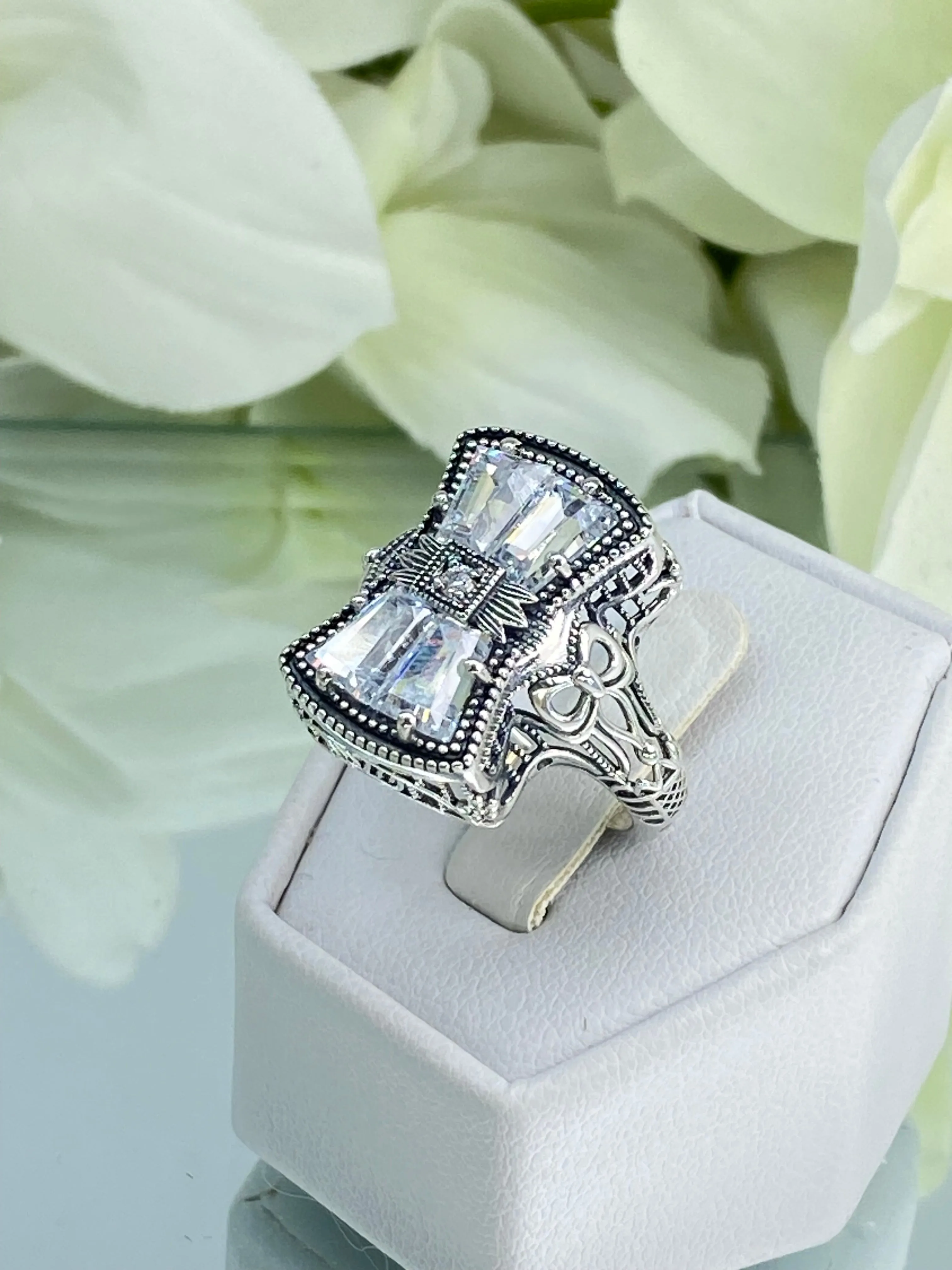 Sparkling White CZ Ring, Size 6, Versailles Sterling Silver Bow, Baguette CZ & Moissanite inset Ring, Baroque Jewelry D595 - Ready to Ship