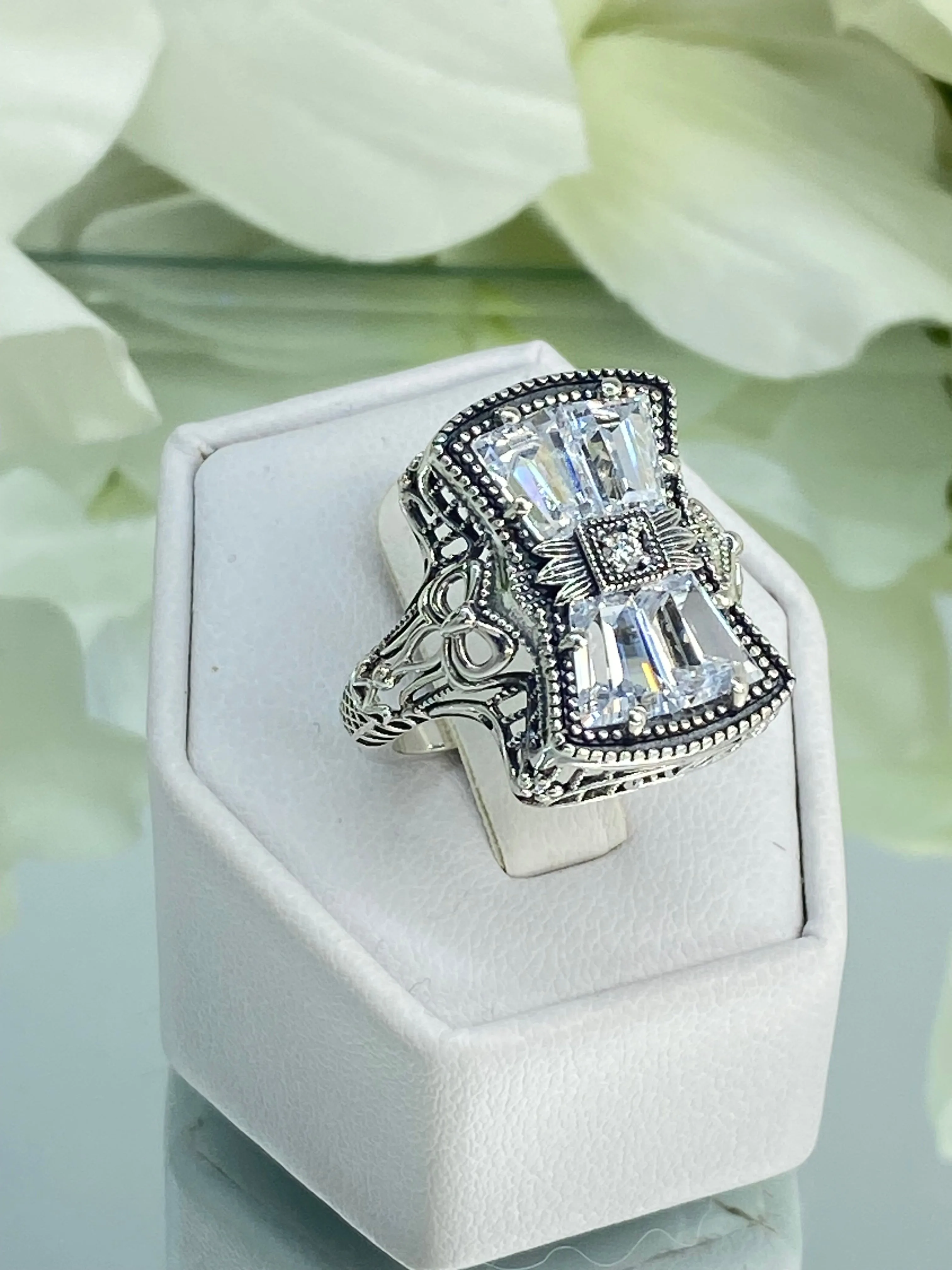 Sparkling White CZ Ring, Size 6, Versailles Sterling Silver Bow, Baguette CZ & Moissanite inset Ring, Baroque Jewelry D595 - Ready to Ship