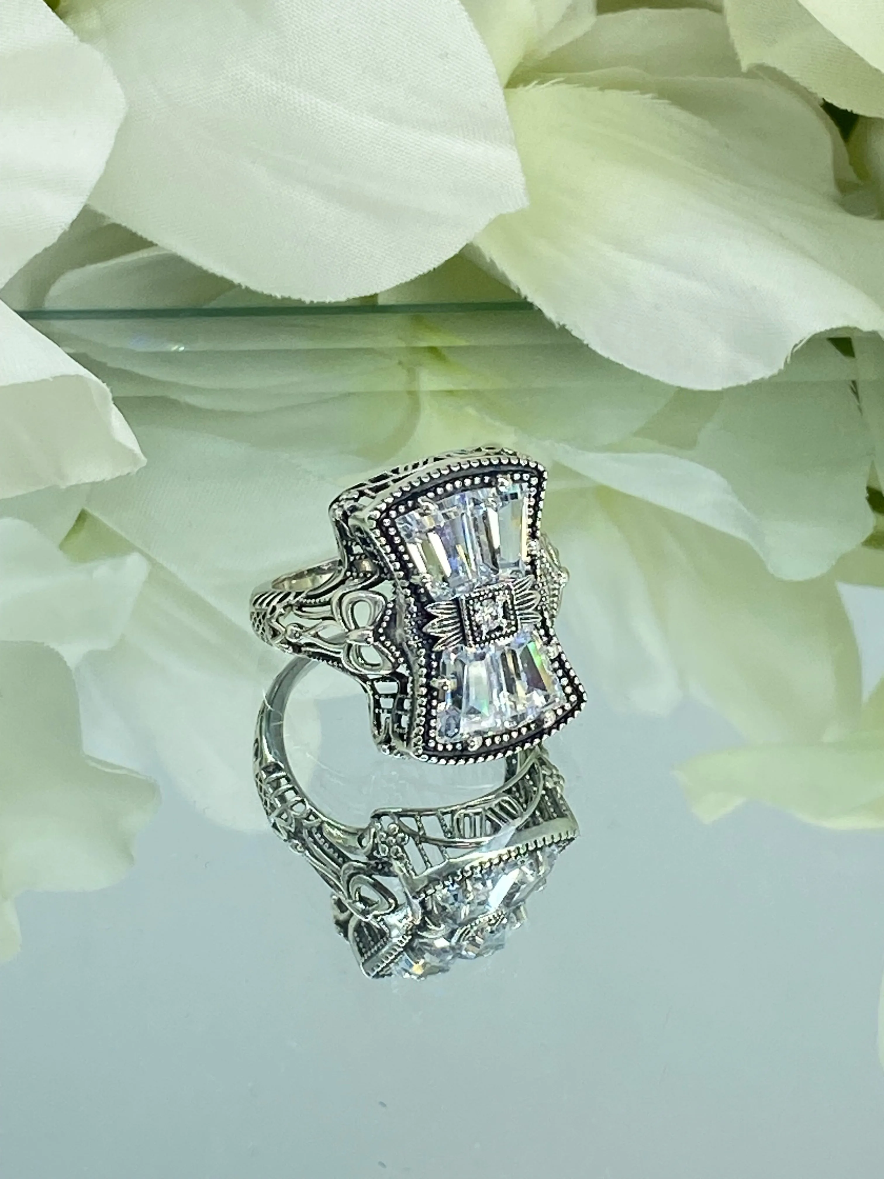 Sparkling White CZ Ring, Size 6, Versailles Sterling Silver Bow, Baguette CZ & Moissanite inset Ring, Baroque Jewelry D595 - Ready to Ship
