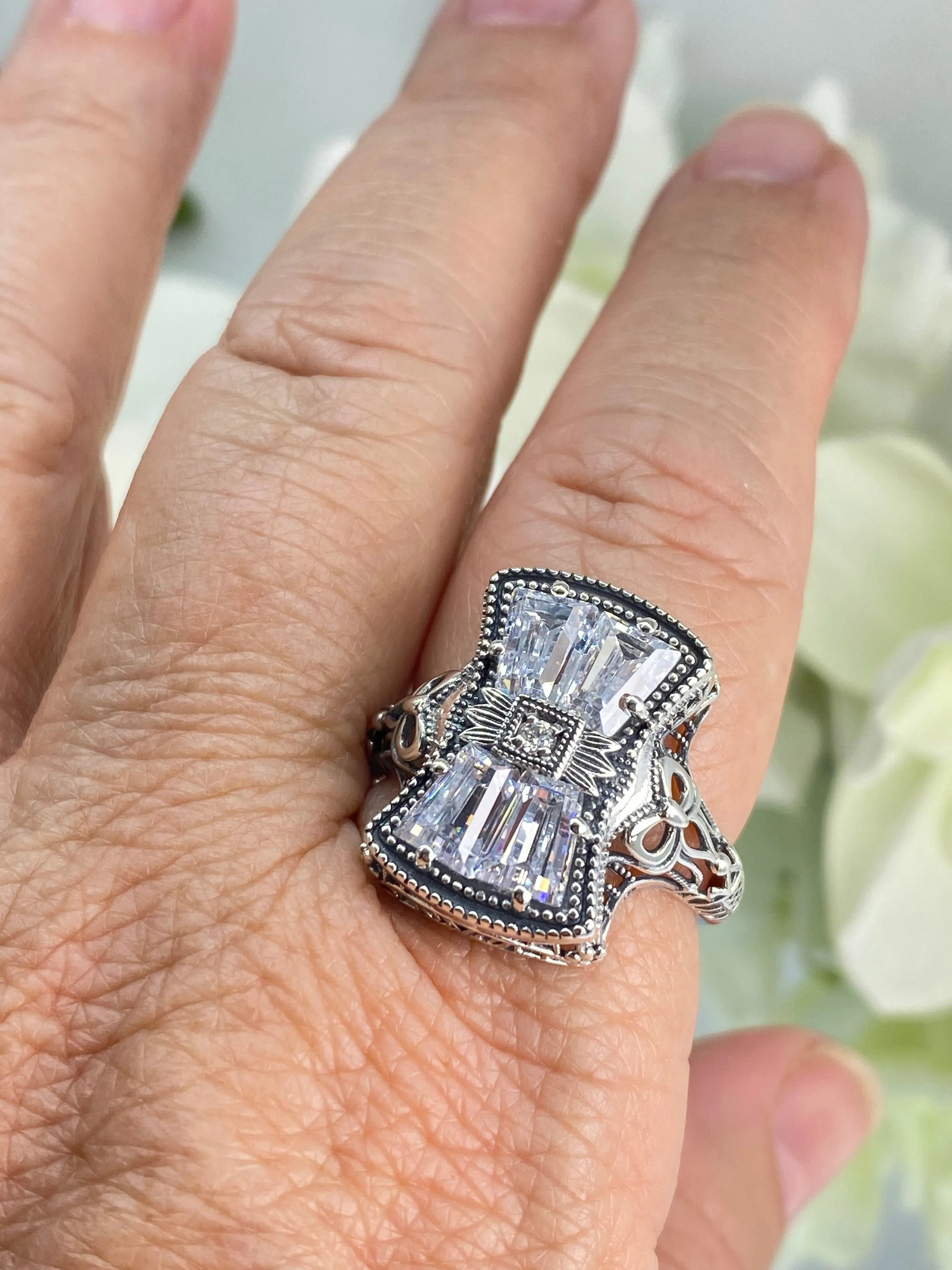 Sparkling White CZ Ring, Size 6, Versailles Sterling Silver Bow, Baguette CZ & Moissanite inset Ring, Baroque Jewelry D595 - Ready to Ship