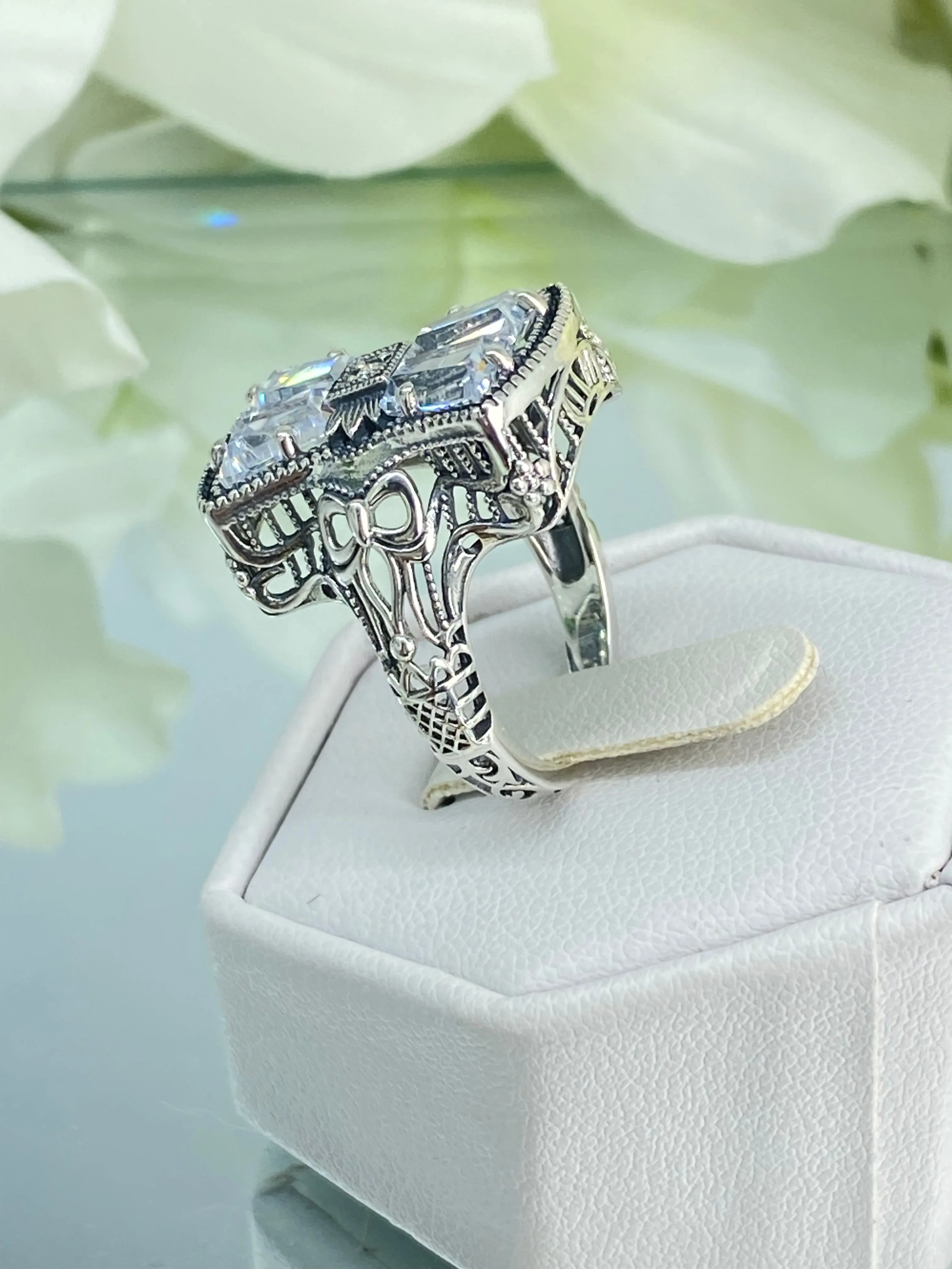 Sparkling White CZ Ring, Size 6, Versailles Sterling Silver Bow, Baguette CZ & Moissanite inset Ring, Baroque Jewelry D595 - Ready to Ship