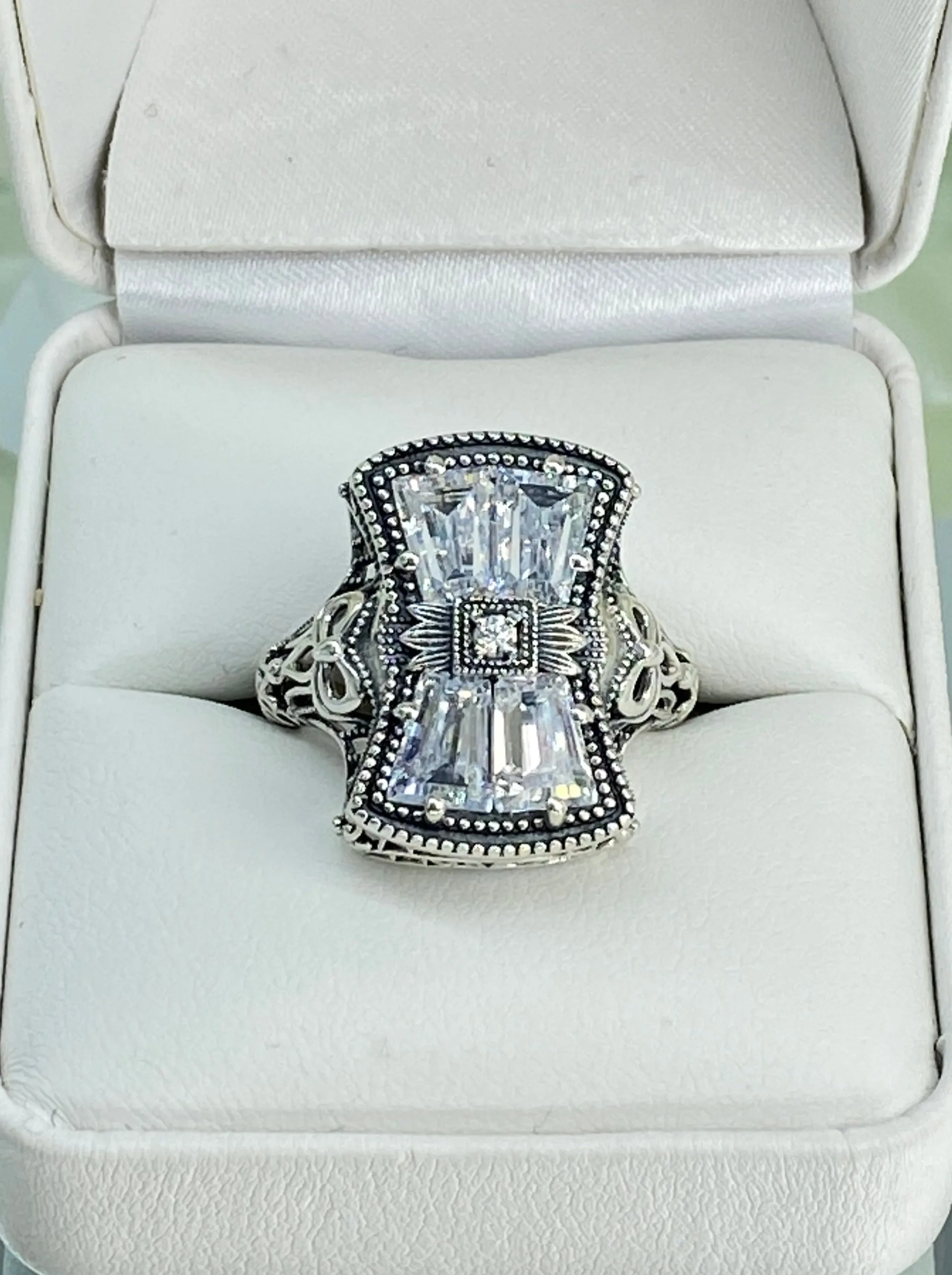 Sparkling White CZ Ring, Size 6, Versailles Sterling Silver Bow, Baguette CZ & Moissanite inset Ring, Baroque Jewelry D595 - Ready to Ship