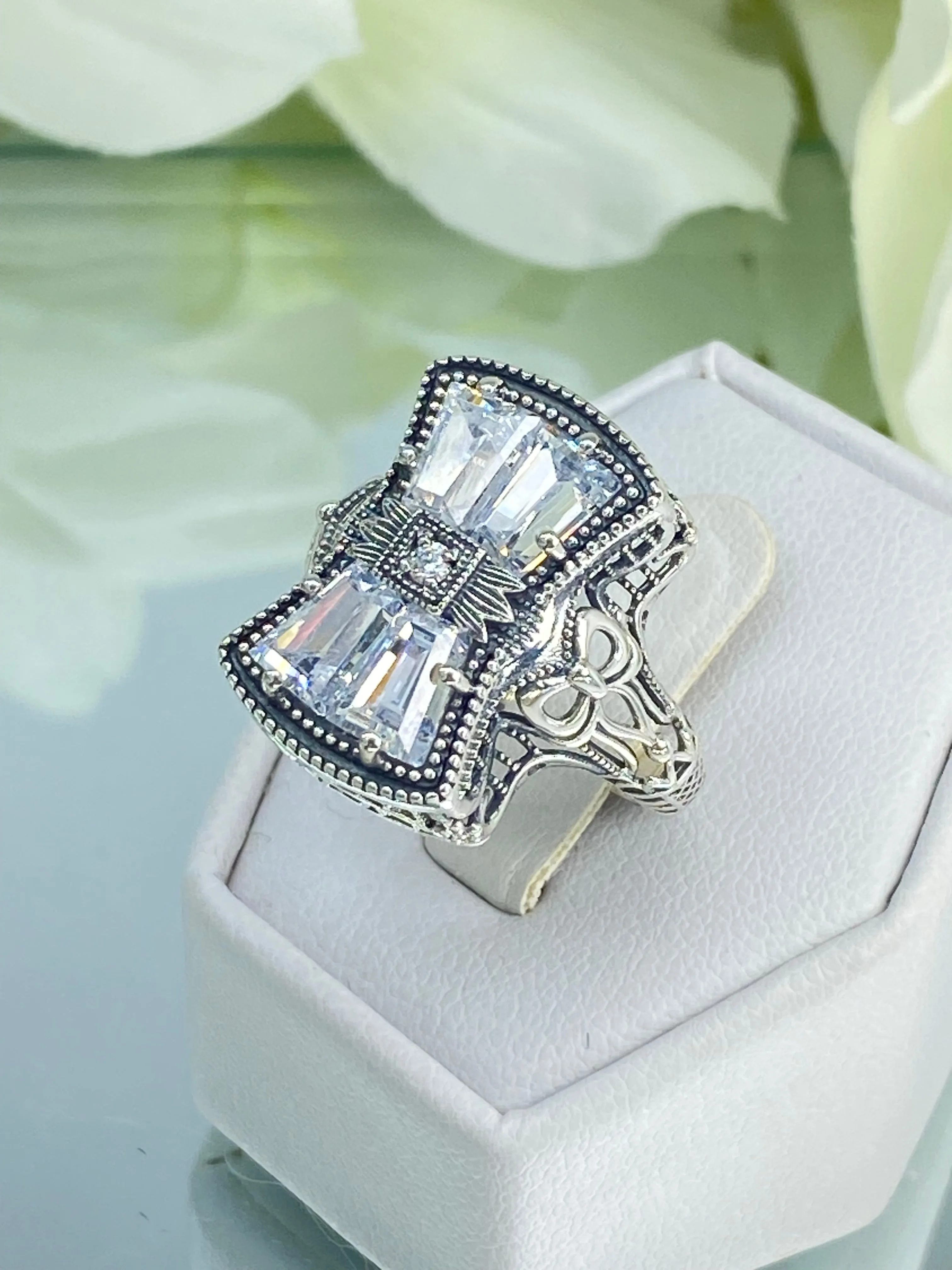 Sparkling White CZ Ring, Size 6, Versailles Sterling Silver Bow, Baguette CZ & Moissanite inset Ring, Baroque Jewelry D595 - Ready to Ship