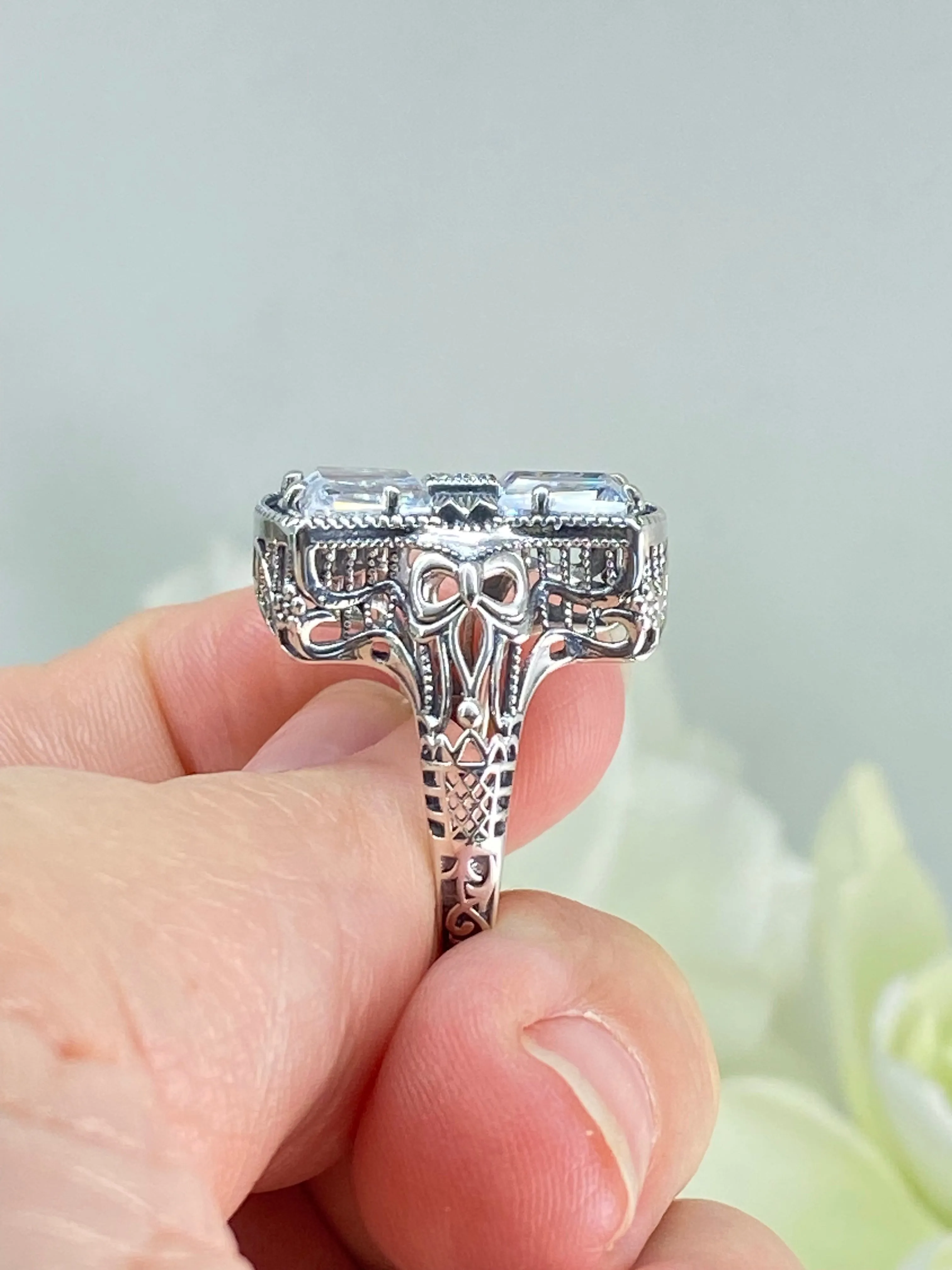 Sparkling White CZ Ring, Size 6, Versailles Sterling Silver Bow, Baguette CZ & Moissanite inset Ring, Baroque Jewelry D595 - Ready to Ship
