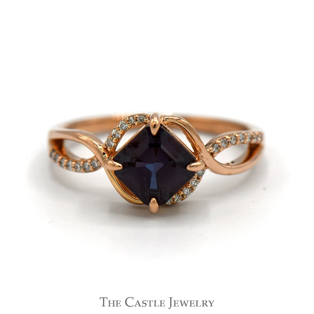 Square Cut Alexandrite Ring with Diamond Accented Split Shank Sides in 14k Rose Gold