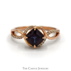 Square Cut Alexandrite Ring with Diamond Accented Split Shank Sides in 14k Rose Gold