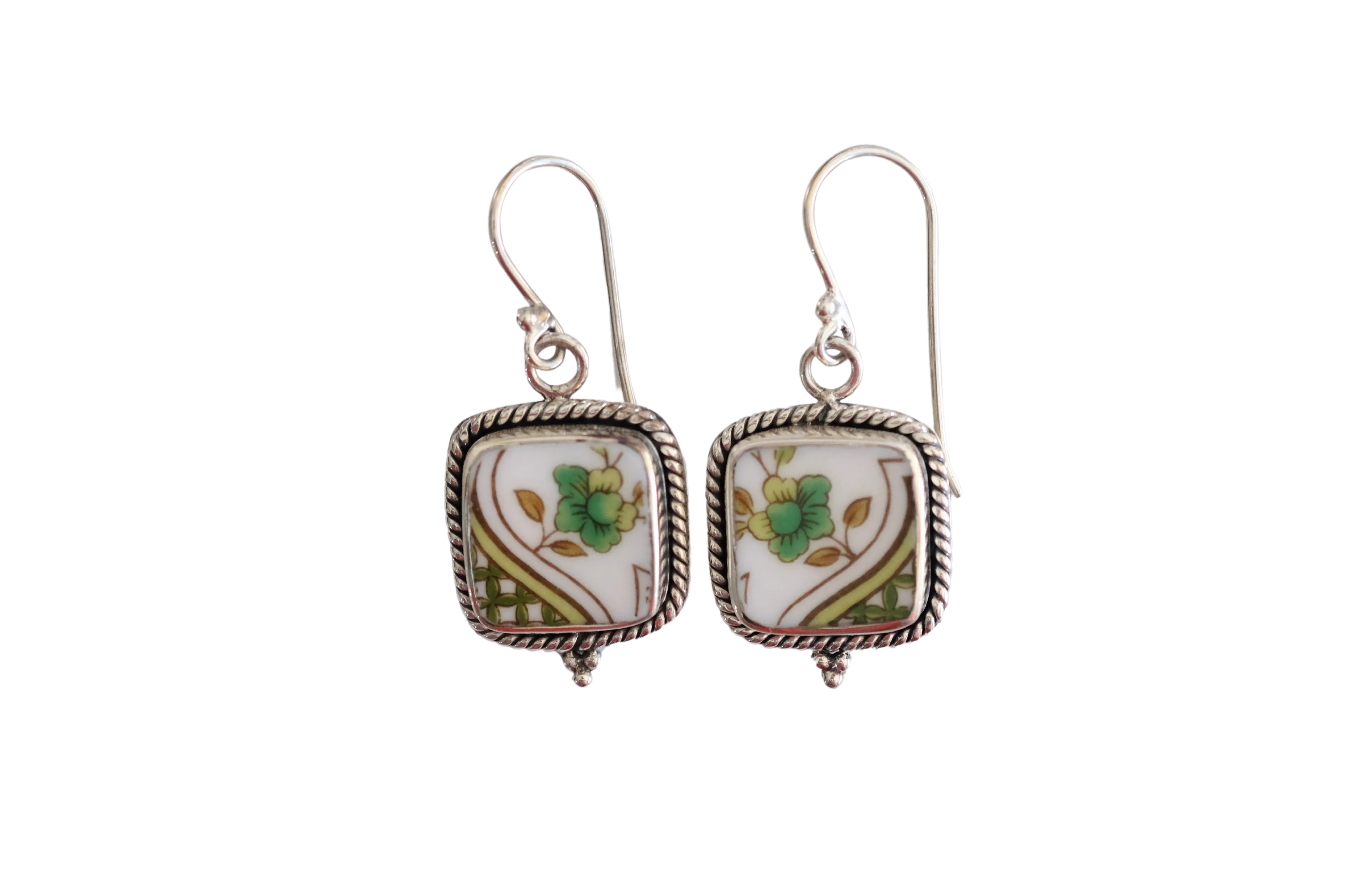 Square Green Floral Earrings