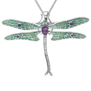 Sterling Silver Amethyst Diamonds Style & Fashion Dragonfly Brooch Necklace