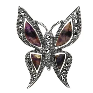Sterling Silver Blue John Marcasite Four Stone Style & Fashion Butterfly Brooch