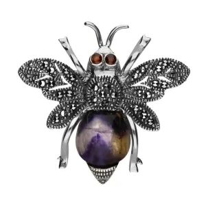 Sterling Silver Blue John Marcasite Garnet Style & Fashion Bee Brooch