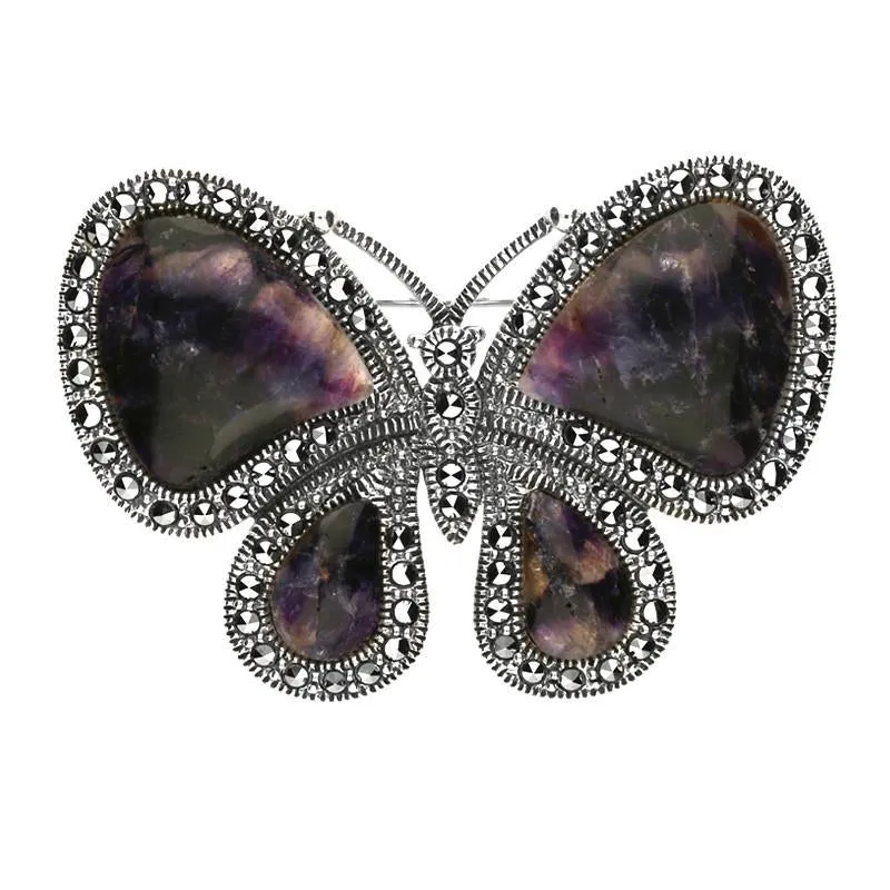 Sterling Silver Blue John Marcasite Style & Fashion Butterfly Brooch