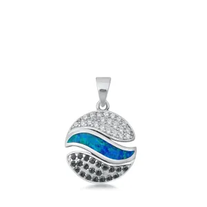 Sterling Silver Unique Wavy Circle Blue Synthetic Opal Pendant Artistic Charm