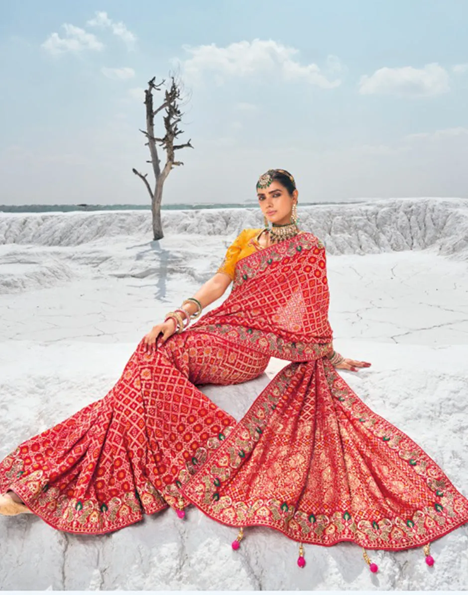 Stunning Red Pure Georgette Bandani Patola Saree with Zari Weaving & Opulent Heavy Work