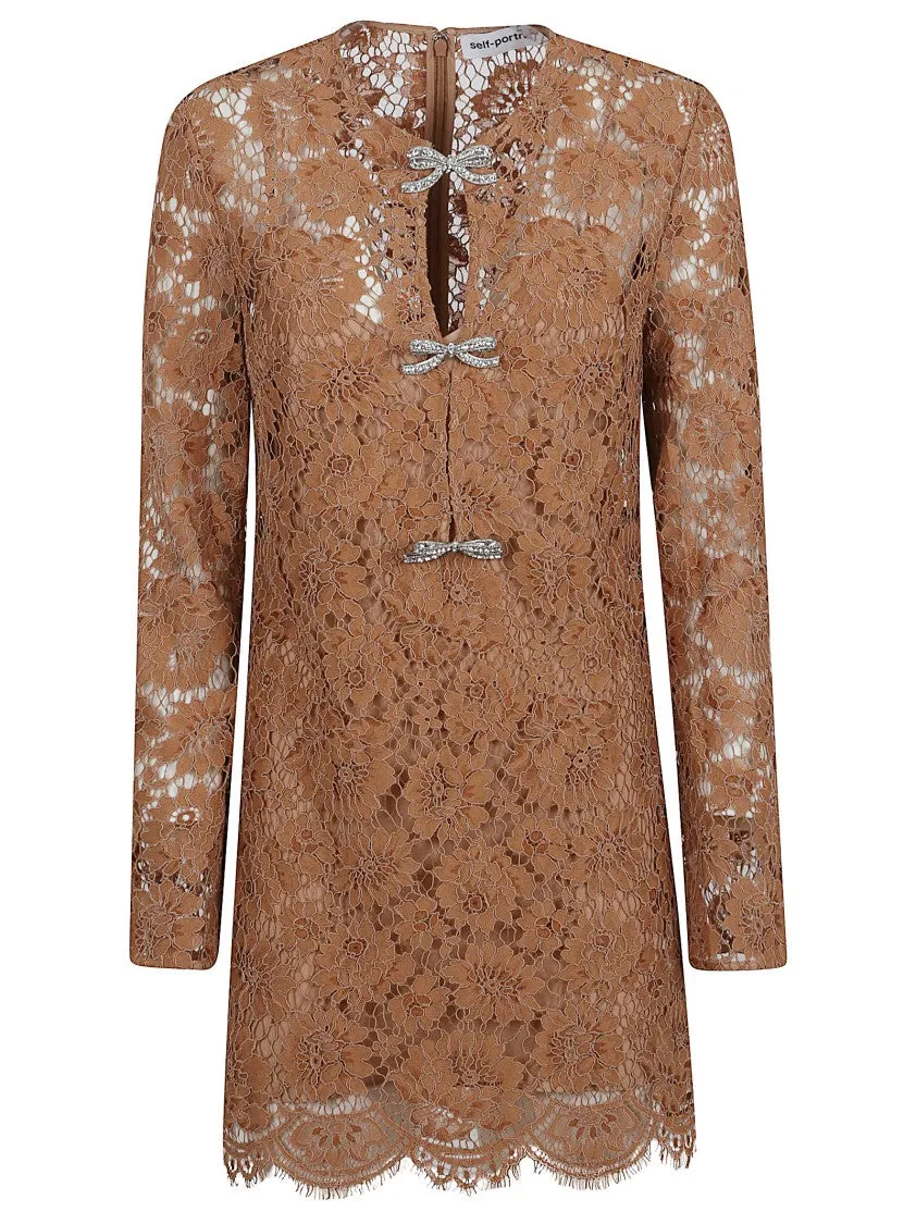 Tan Lace Bow Mini Dress