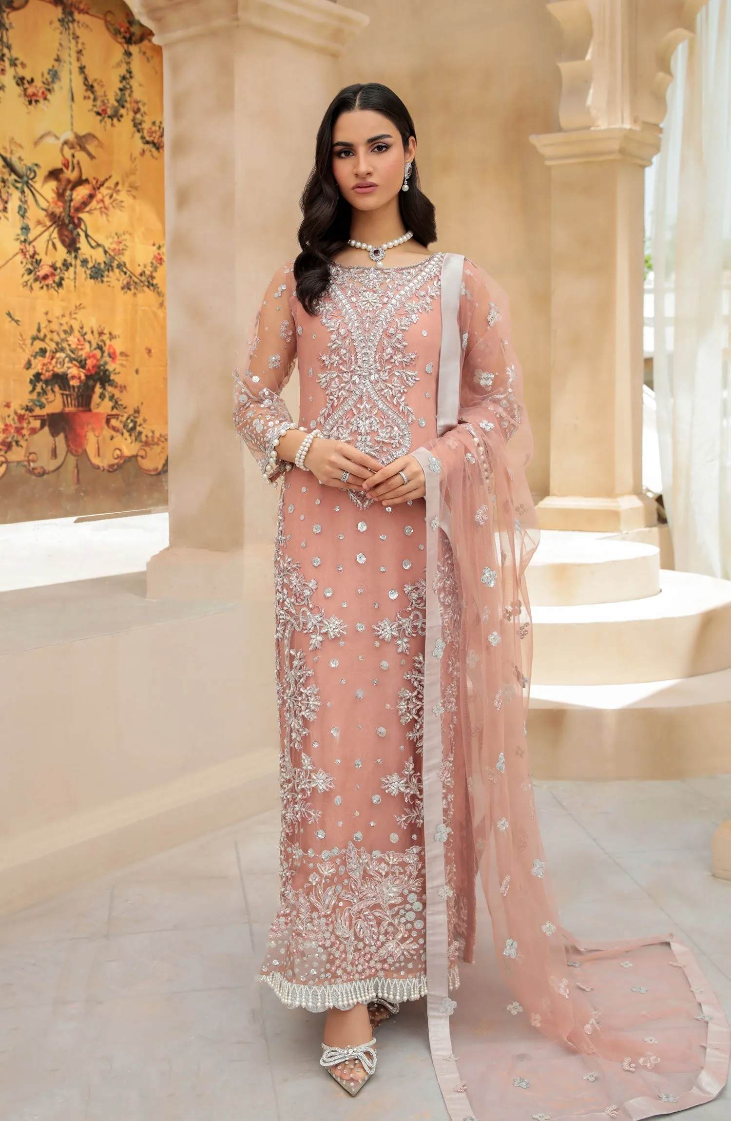Tea Pink Heavily Embellished Pakistani Long Kameez Wedding Dress