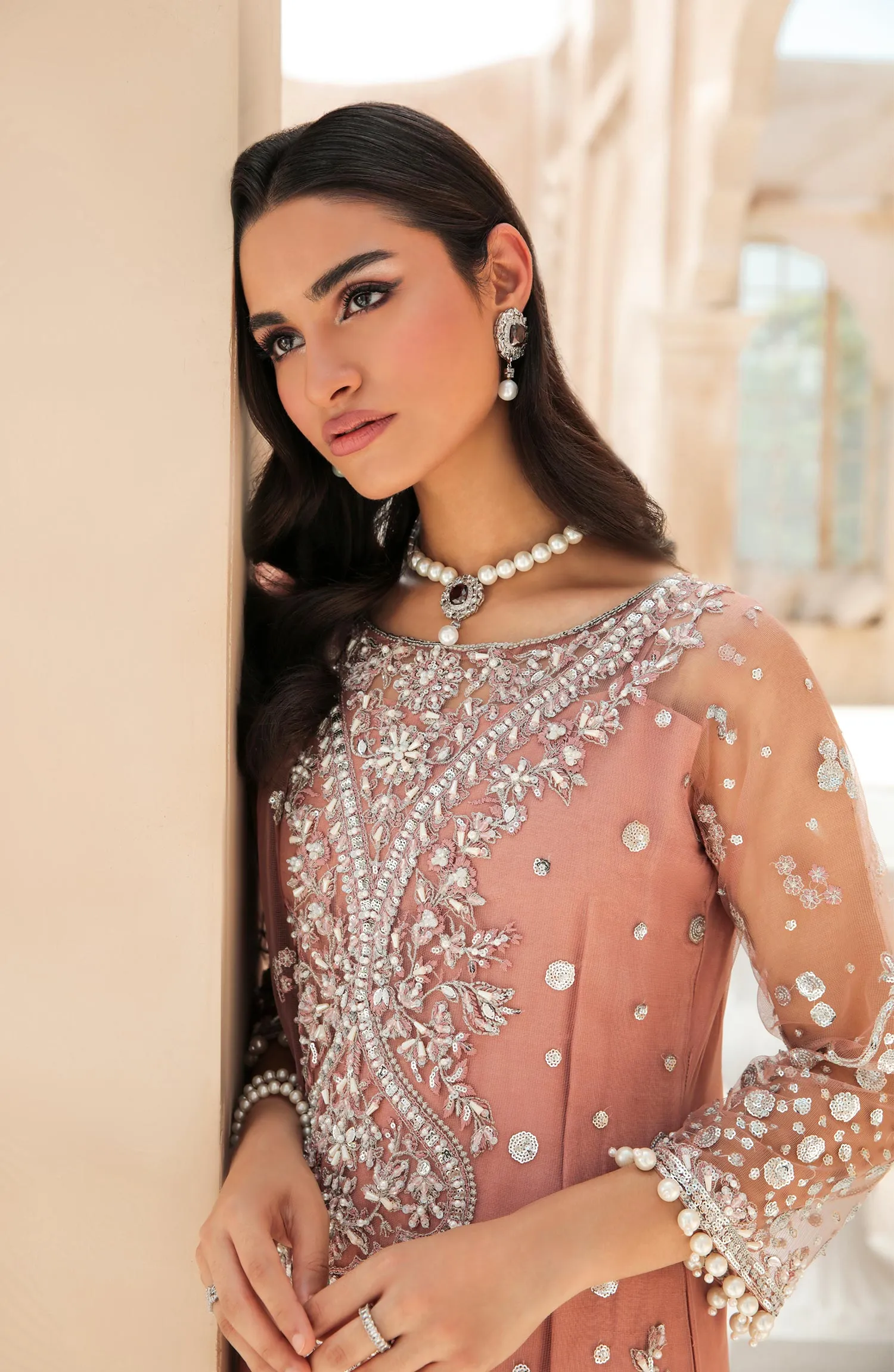 Tea Pink Heavily Embellished Pakistani Long Kameez Wedding Dress