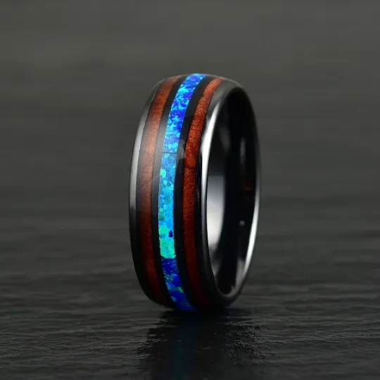 The Glacier Ring - Black Ceramic Koa Wood Blue Opal Men's Wedding Band 8MM