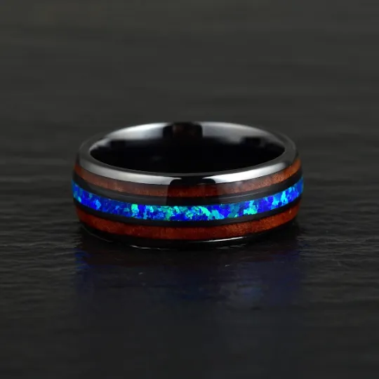 The Glacier Ring - Black Ceramic Koa Wood Blue Opal Men's Wedding Band 8MM