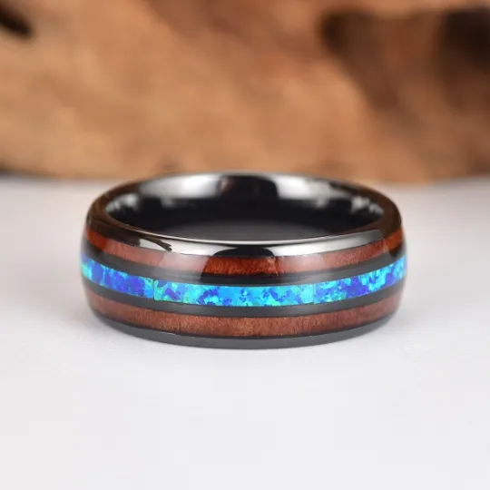 The Glacier Ring - Black Ceramic Koa Wood Blue Opal Men's Wedding Band 8MM