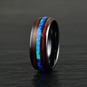 The Glacier Ring - Black Ceramic Koa Wood Blue Opal Men's Wedding Band 8MM