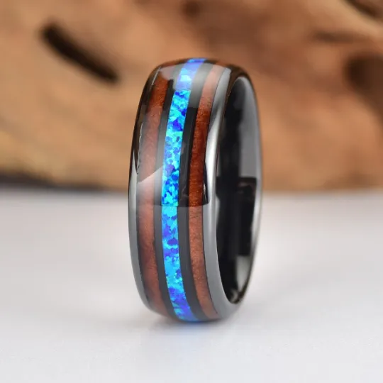 The Glacier Ring - Black Ceramic Koa Wood Blue Opal Men's Wedding Band 8MM