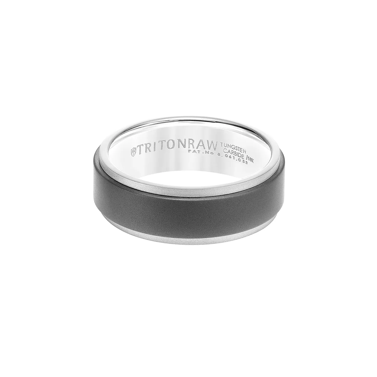 Triton RAW Men's 8mm 18K White Gold and Grey PVD Tungsten Step Edge Wedding Band